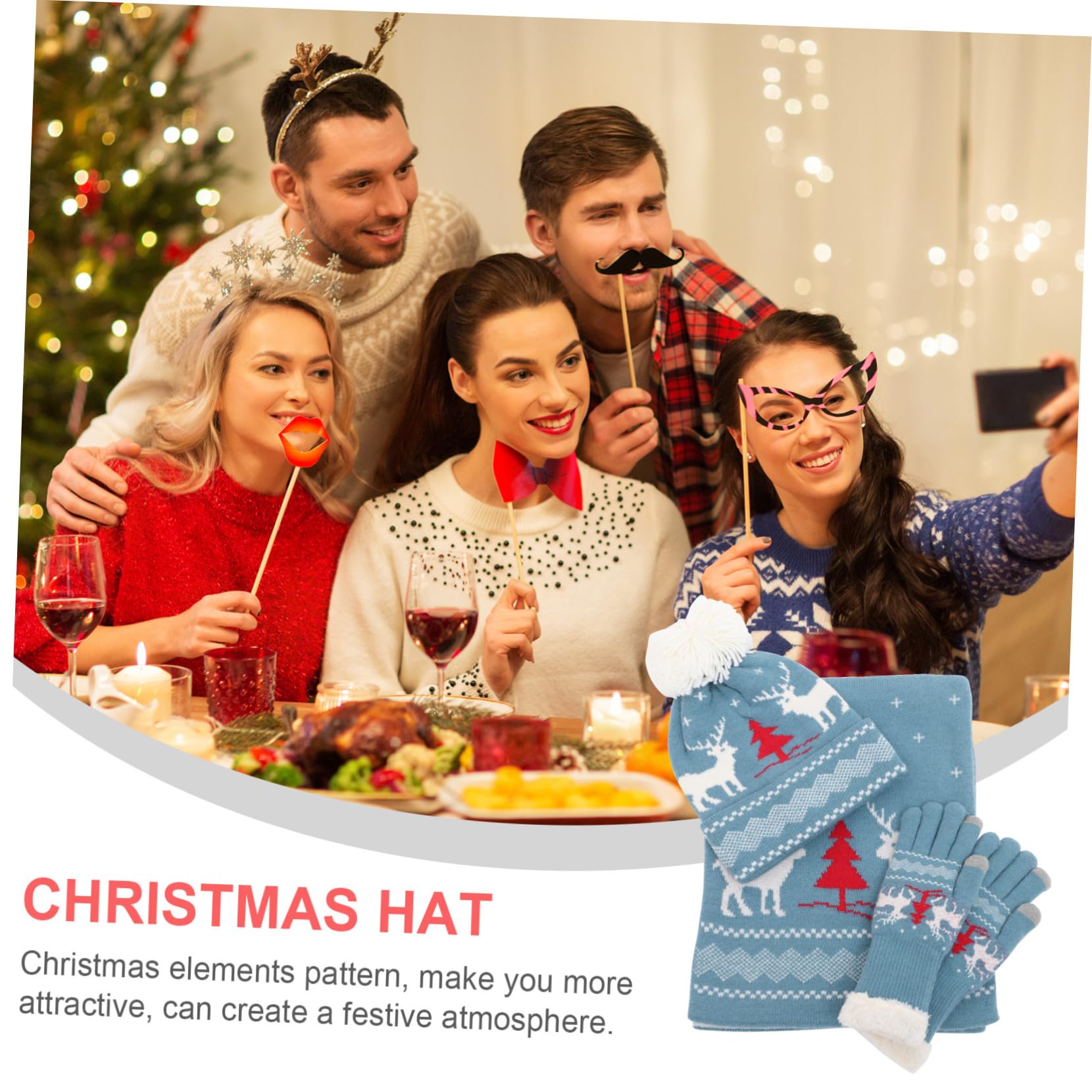 Ipetboom Weiches Warmes Weihnachts Strickset Damen Mütze Schal Handschuhe Winddicht Gestrickt Kuschelig für Winter Ski Party Familie Vielseitig Blau