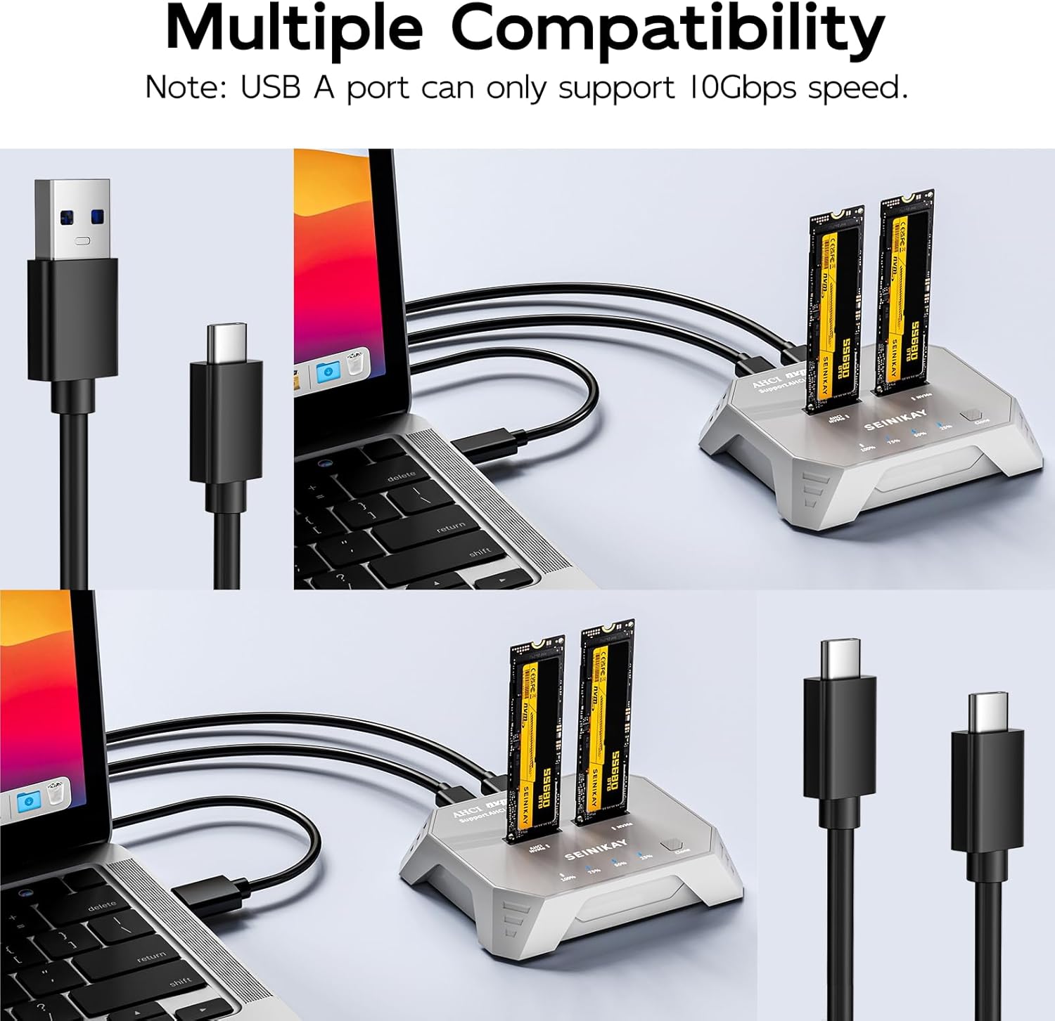 Dual Bay NVMe Enclosure – 20Gbps M.2 Cloner Duplicator with C to C-A Cable, Offline Clone, Tool-Free Design NVMe Dock, Progress LED & Fast Heat Dissipation