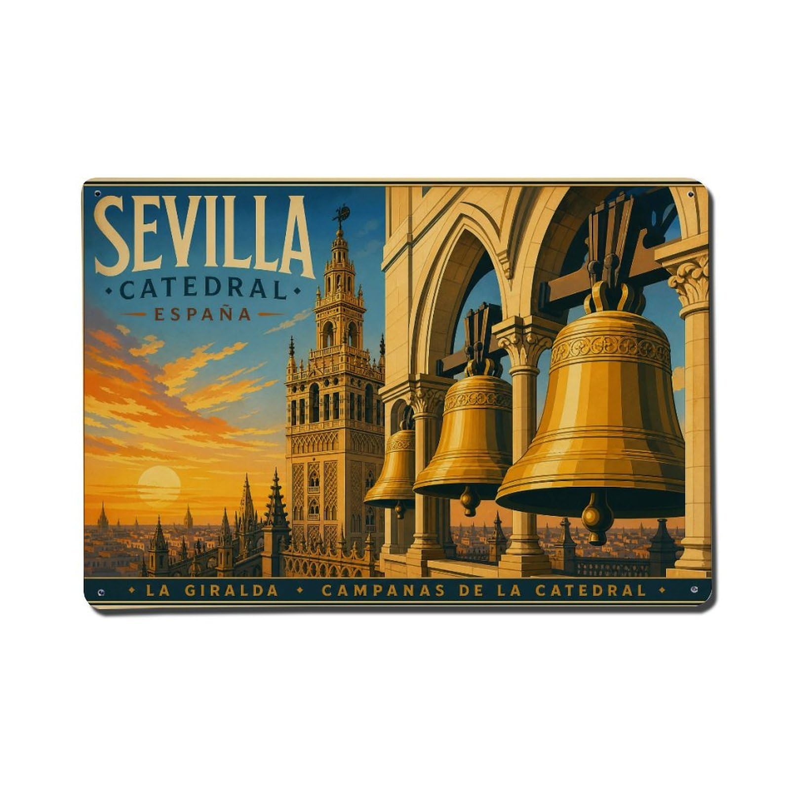 Yrnq 08X12inch Vintage Style Vintage Cathedral Bells Ringing Tower Sunset Spain Metal Tin Sign