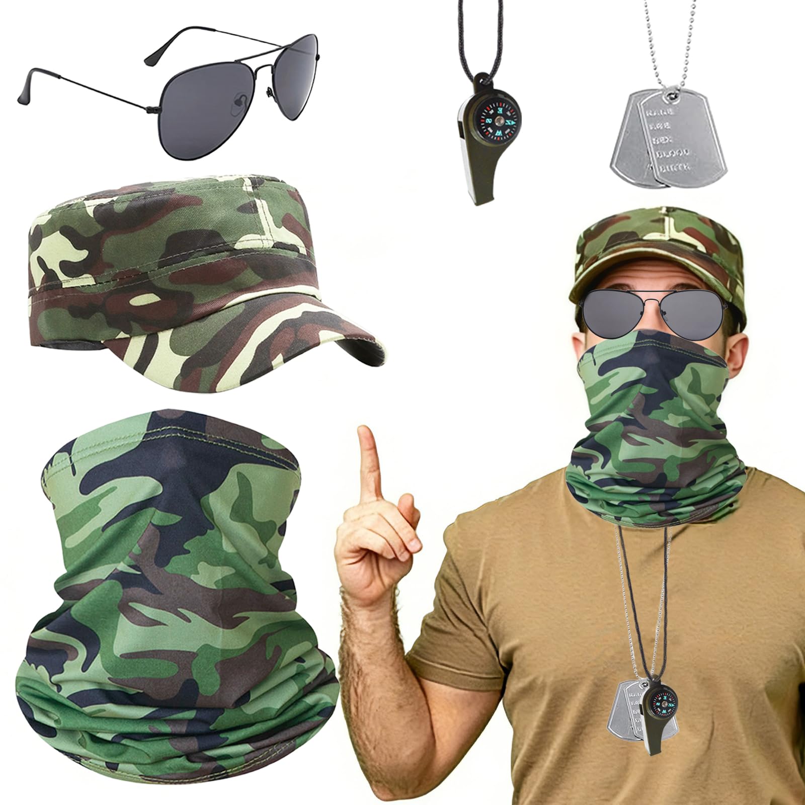 EDLMKM 5pc Army Fancy Dress Accessories Set, Army Fancy Dress Set, Army Costume Accessories, Camo Hat, Neck Warmer - Image 2