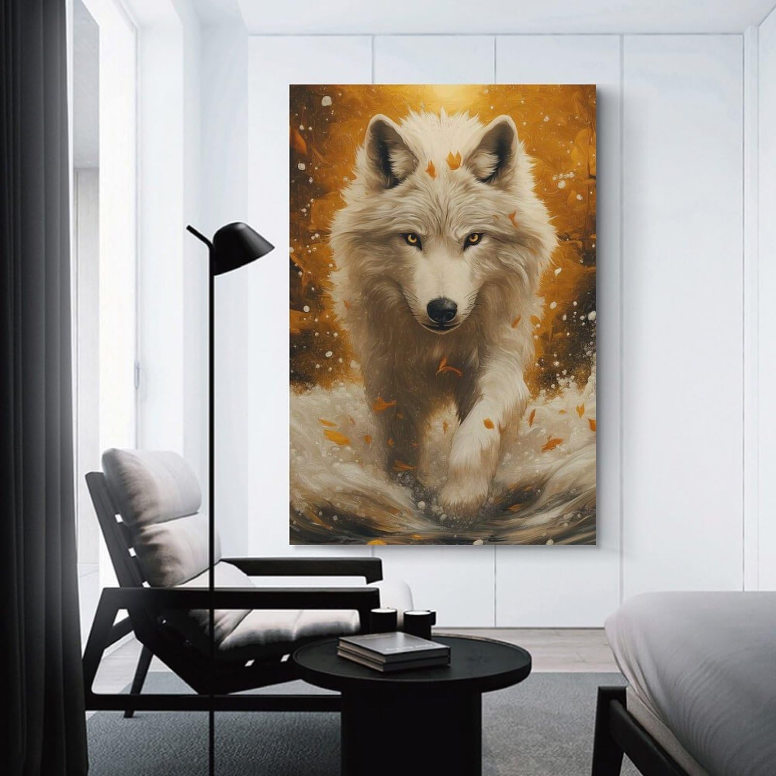 Junmoney White Wolf in Autumn Canvas Wall Decor, 16x24inch(40x60cm), for Office, Study Or Home Workspace, Wall Art That Adds Style to Work Areas