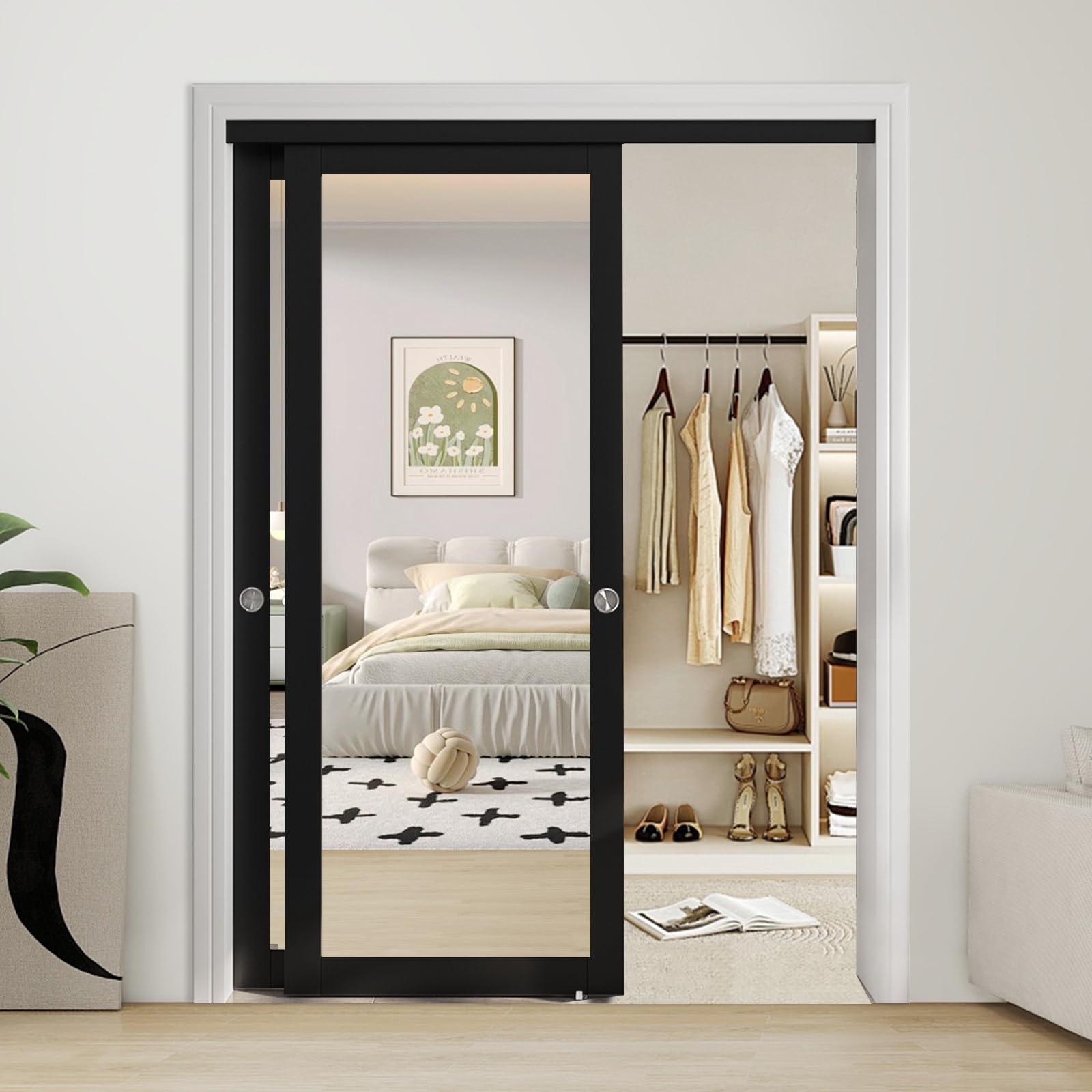 JUBEST 60" x 80" Mirror Closet Door, Preassembled One Side Mirror Door with Hardware Kit & Matching Fascia, Solid Wood Frame with Water-Proof PVC Surface, Easy to Install, Black
