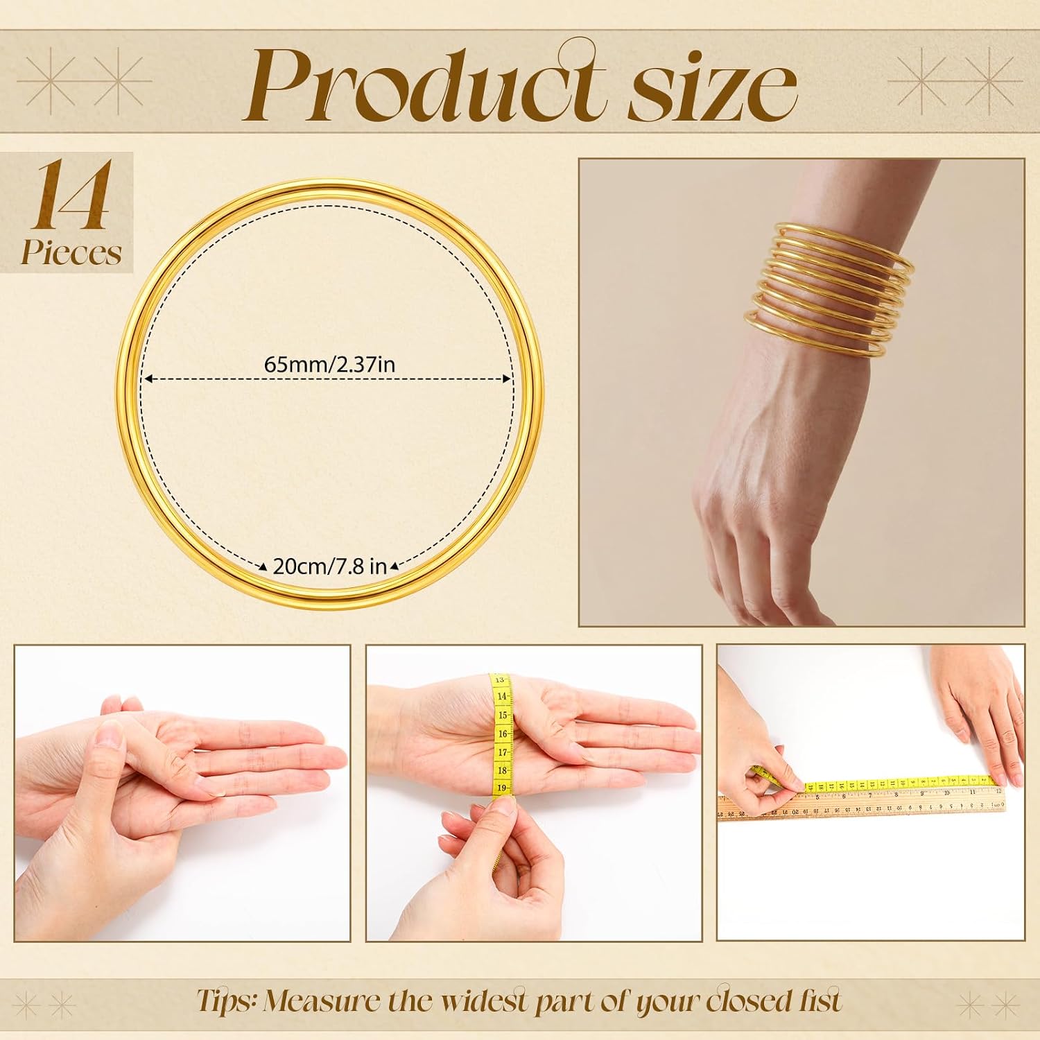 Sureio 14 Pcs 3mm Gold Plated Bracelet Stainless Steel for Women, Multi Layer Stackable Thin Bangle Boho Jewelry Bracelet