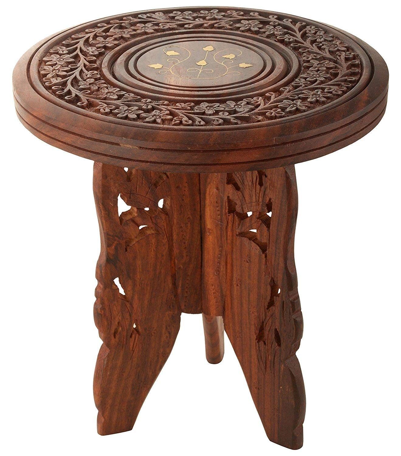 A S Handicrafts Handmade Wooden Table Round Vase with 3 Leg Carving Brass Folding Stool-image-23