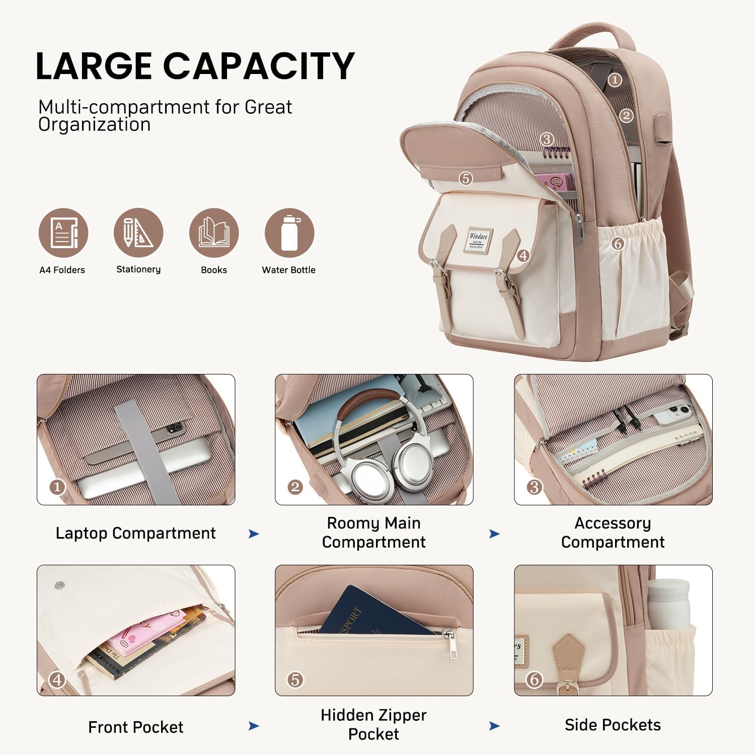 WINDARS Student Laptop Backpack for College Teen Girls, Cute Middle High School Bag Women Bookbag Large Travel Back Pack Fit 15.6 Inch Laptop (Khaki Beige)