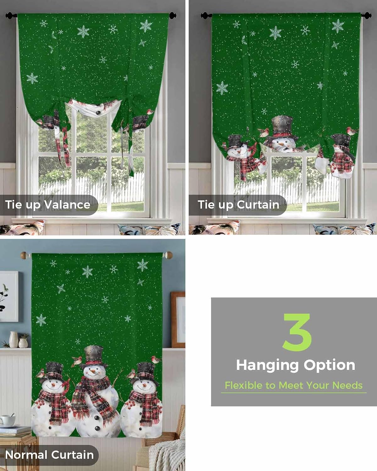 Tie Up Curtains for Kitchen Windows,Christmas Snowman with Scarf Hat Adjustable Balloon Shade Curtain Panel Rod Pocket Drapes for Small Window Decor 42"Wx63"L,Winter Snowflake Bird on Green