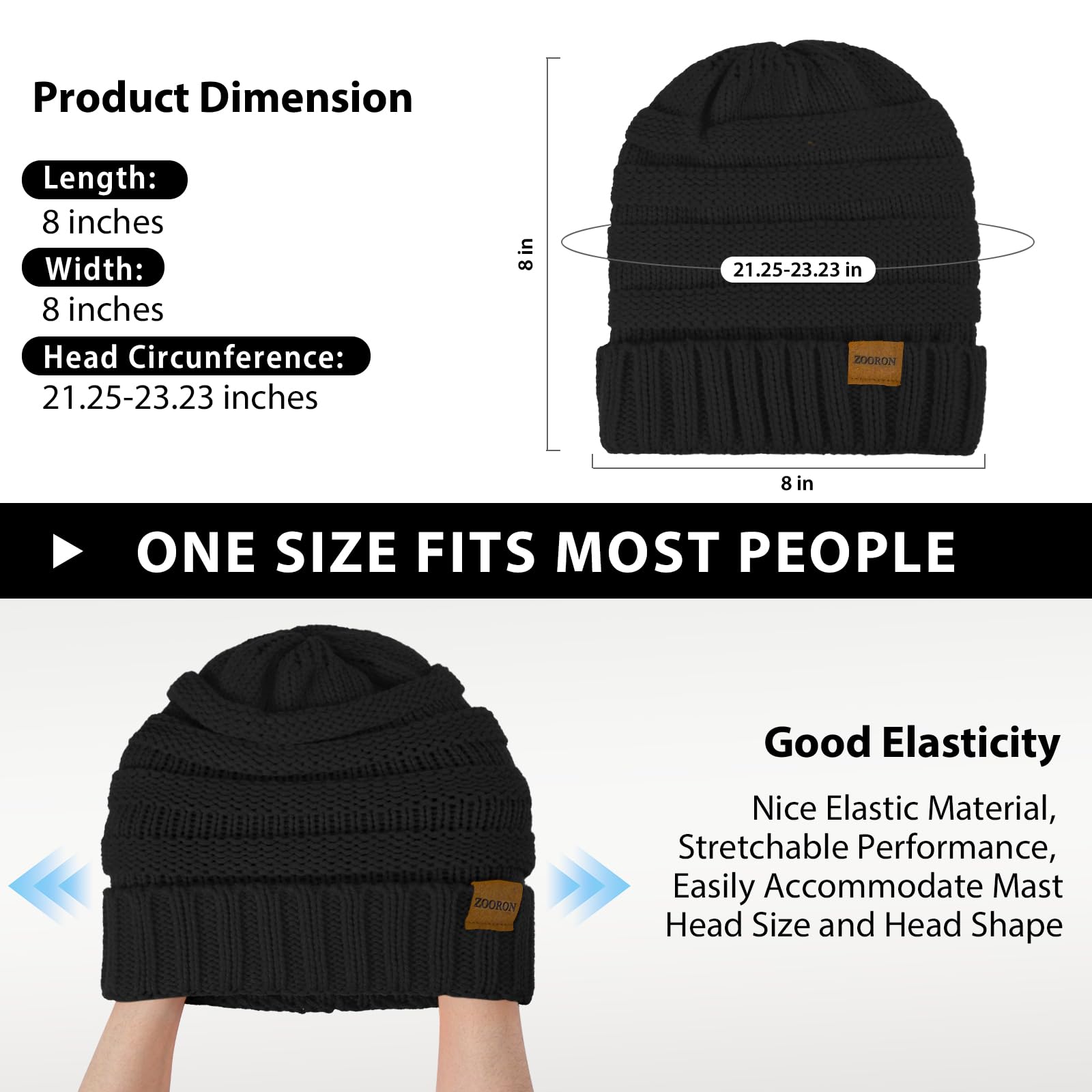 ZOORON Womens Winter Hat Slouchy Beanies for Women Cable Knit Winter Beanie Hats for Women Thick Cold Weather - Beanies Women, 1pack- Black, 7-7 3/8 2