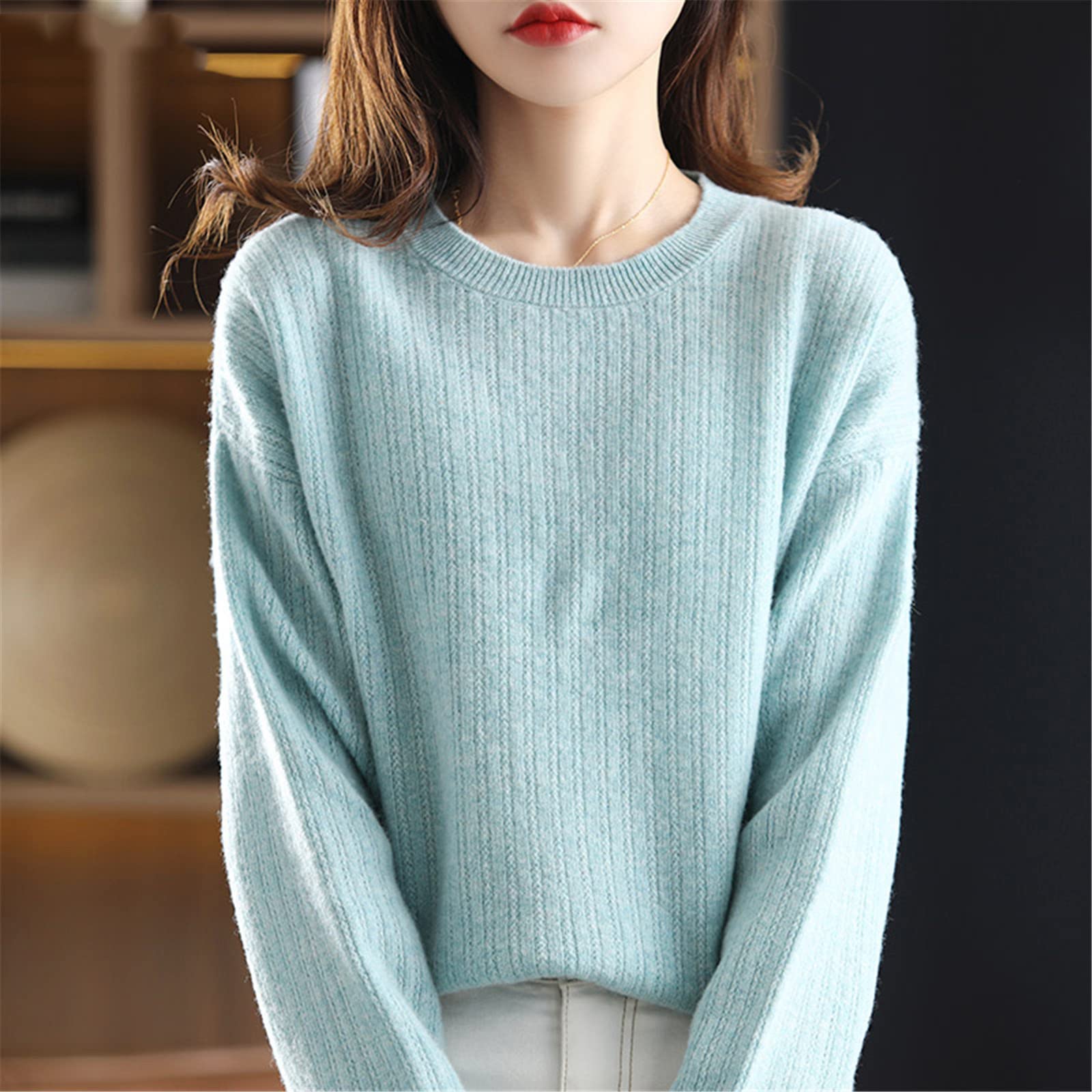 Kelsiop Suéter de cachemira 100% lana merino para mujer, cuello redondo, suéter de punto casual, chaqueta de otoño e invierno