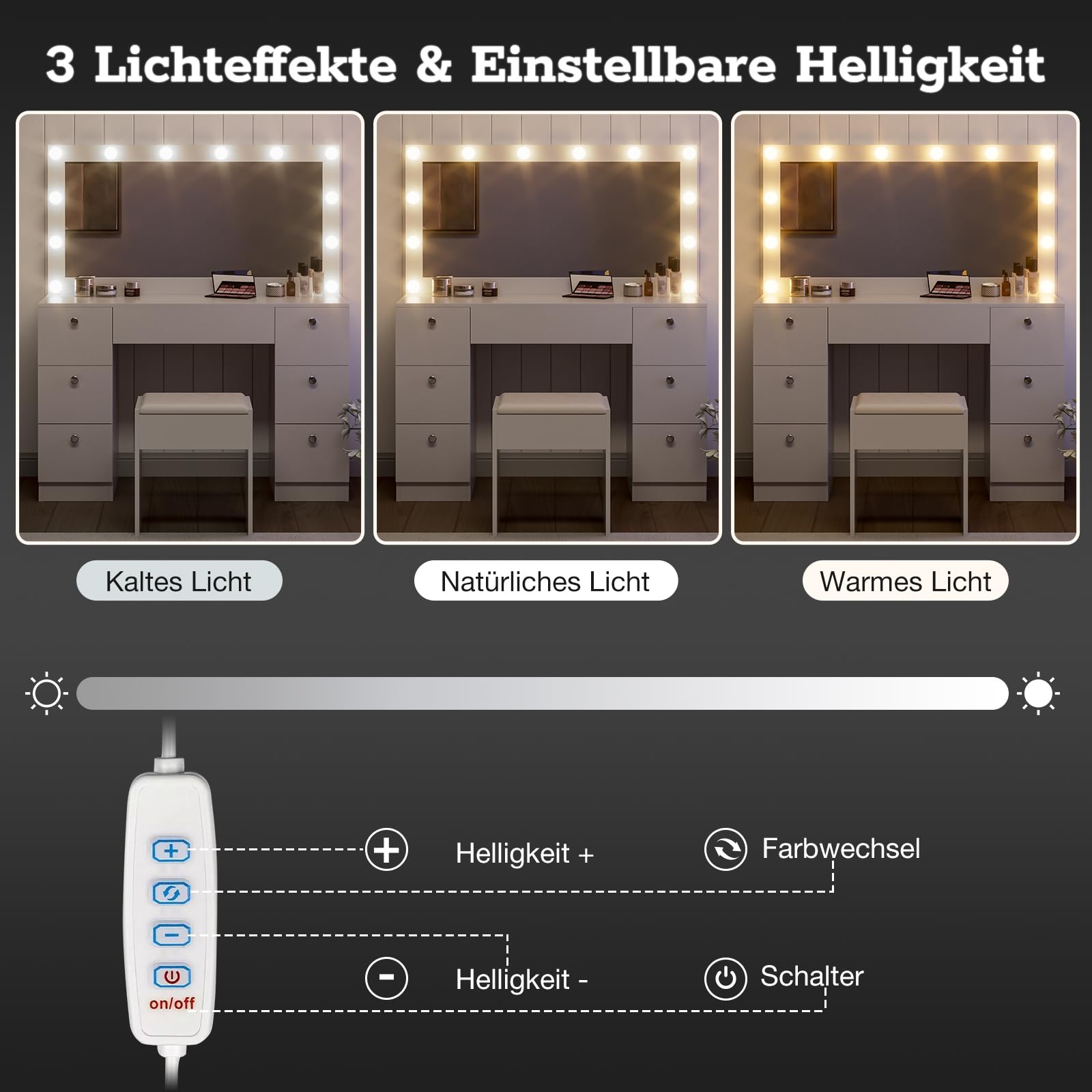 Tavolo da toeletta con illuminazione, specchio e sgabello, 7 cassetti