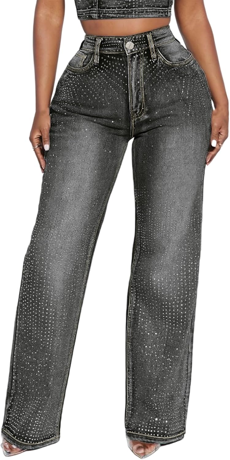 Womens Rhinestone Jeans Baggy High Waisted Wide Straight Leg Y2K Bling Sparkly Glitter Denim Pants Streetwear - Image 2