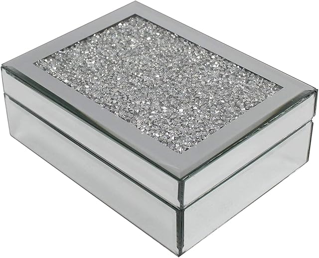 Leonardo Collection Crushed Crystal Glass Mirrored Jewelry Box Black Velvet Mirrored Jewllery Box