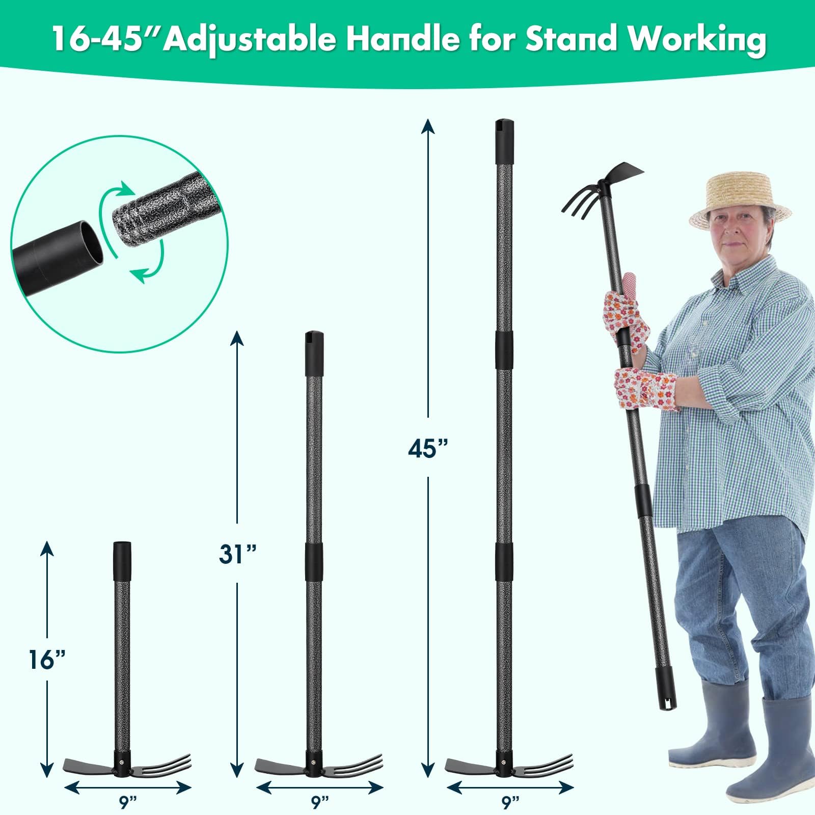 Zappa doppia da giardino, Zappetta da Giardino con Manico da 114 cm, Zappetta da Giardino con Tridente per Dissodare e Diserbare, Coltivatore Manuale da Giardino