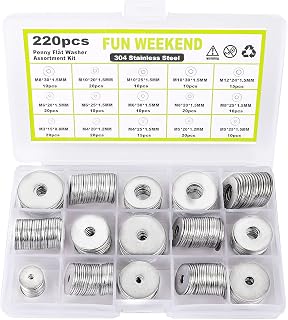 220Pcs Large Fender Washer Assortment Kit, 15 Sizes 304 Stainless Steel Washers for Screws - M3 M4 M5 M6 M8 M10 M12 Suitable for Home Decoration, Ship Car Assembly, DIY Project, Electrical Connections