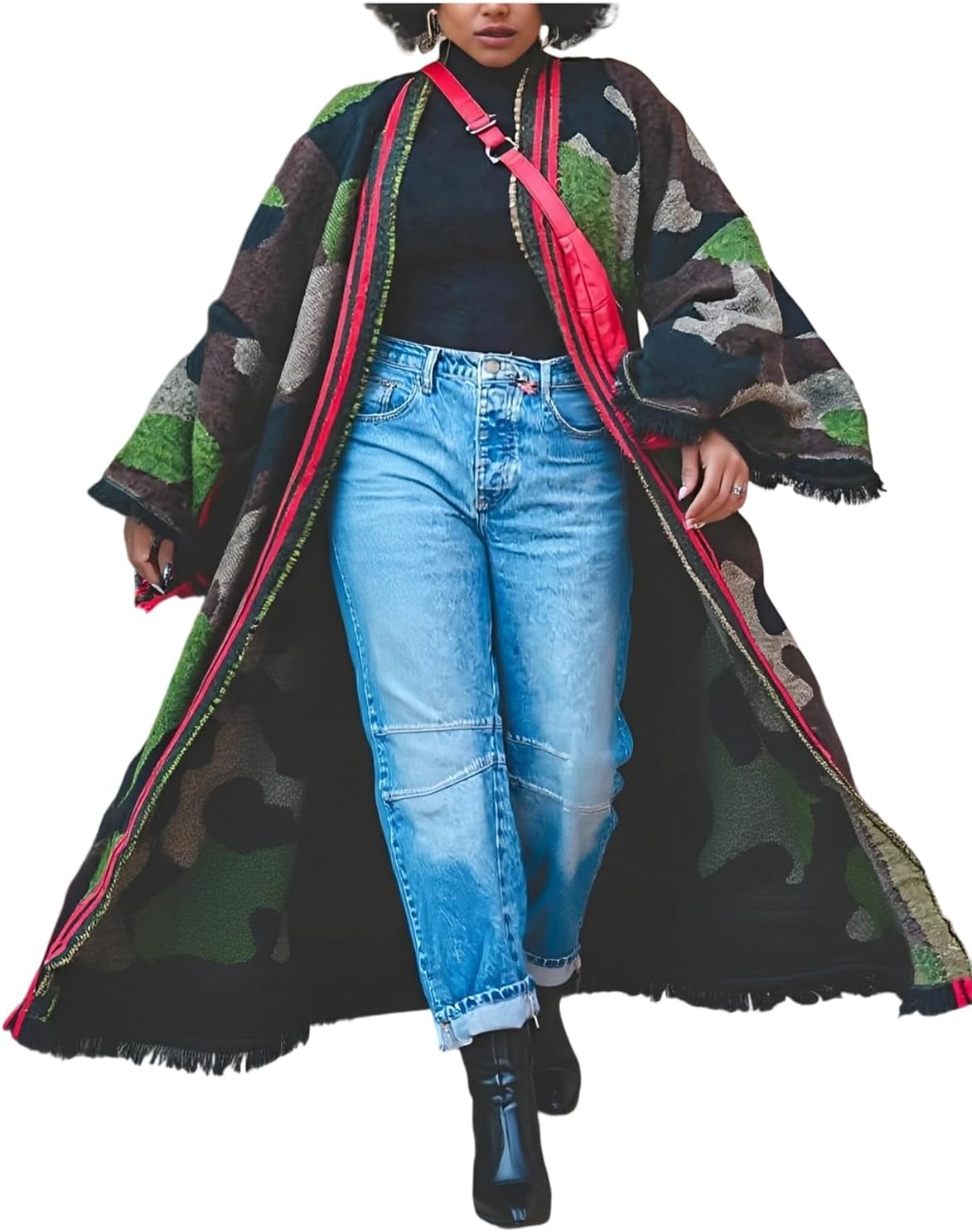 Long Open Front Cardigans Poncho for Women Striped Camo Sweaters Shawl Chunky Cable Knit Fringed Hem Fall Outwear Coat Cape