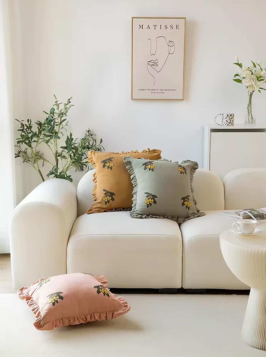 Fennco Styles Loquat Embroidered Double Layer Ruffle Filled Throw Pillow 18" W x 18" L - Vintage Pink Cotton Cushion for Home, Couch, Living Room, Bedroom, Office and Holiday Décor