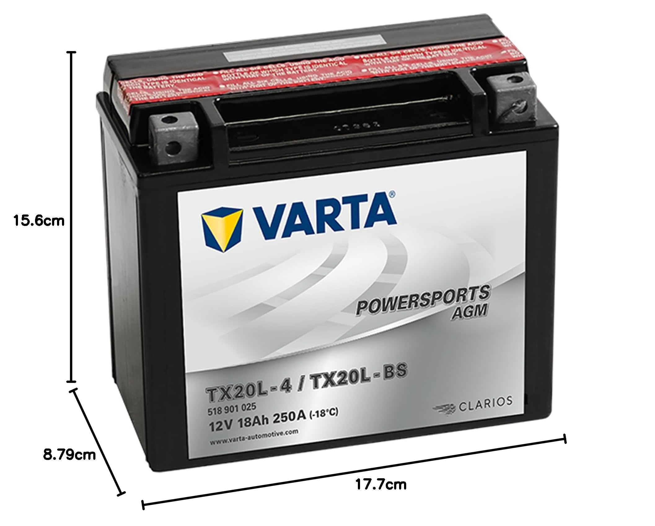 Akumulator motocyklowy Varta POWERSPORTS AGM 518 901 025-18Ah - SPunto 250A - TX20L-BS (TX20L-4) - YTX20L-BS (YTX20L-4) - FTX20L-BS (FTX20L-4) - 177mm X 88mm X 156mm