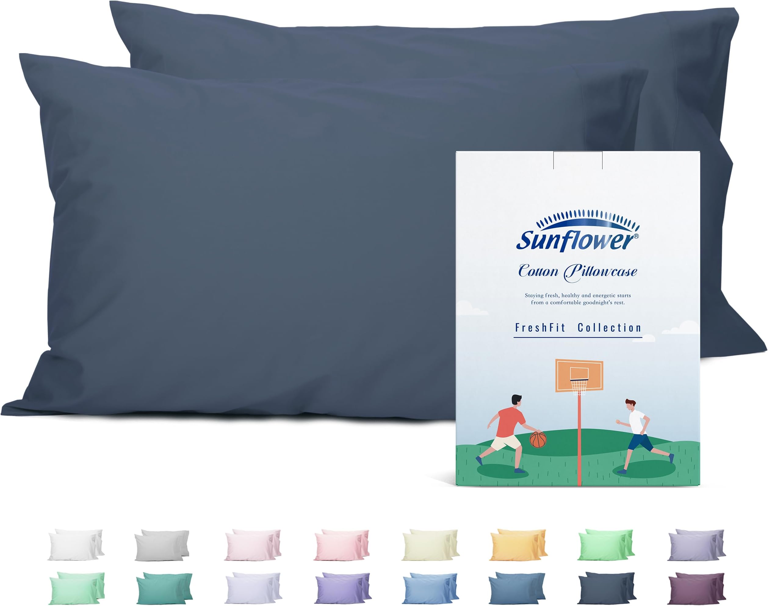 Sunflower King Pillowcases Set of 2, 100% Cotton King Size Pillow Cases 2, 20×40 inches Crown Blue, Soft and Breathable