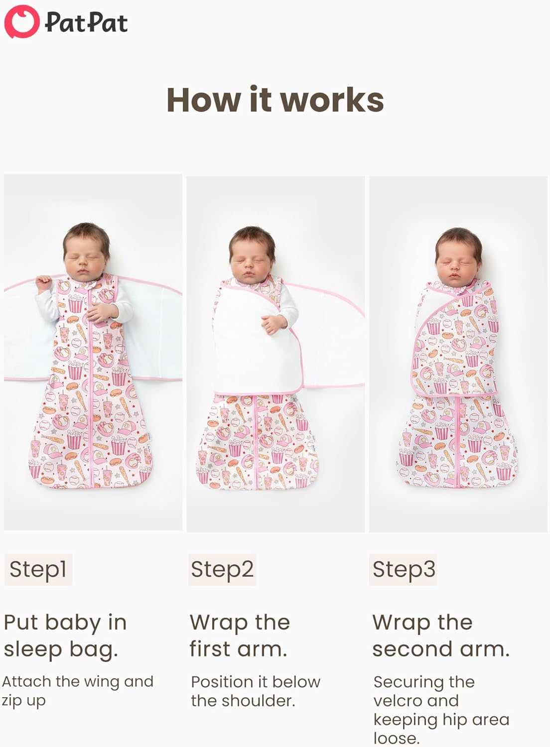 PATPAT Cotton Swaddle for Newborns, Soft Baby Wearable Blanket, Quiet Hook & Loop Closure, Easy Transition Design, 2-Way Zipper for Easy Diaper Changes, 0.5 TOG, Pink Snack Print, 3-6 Months