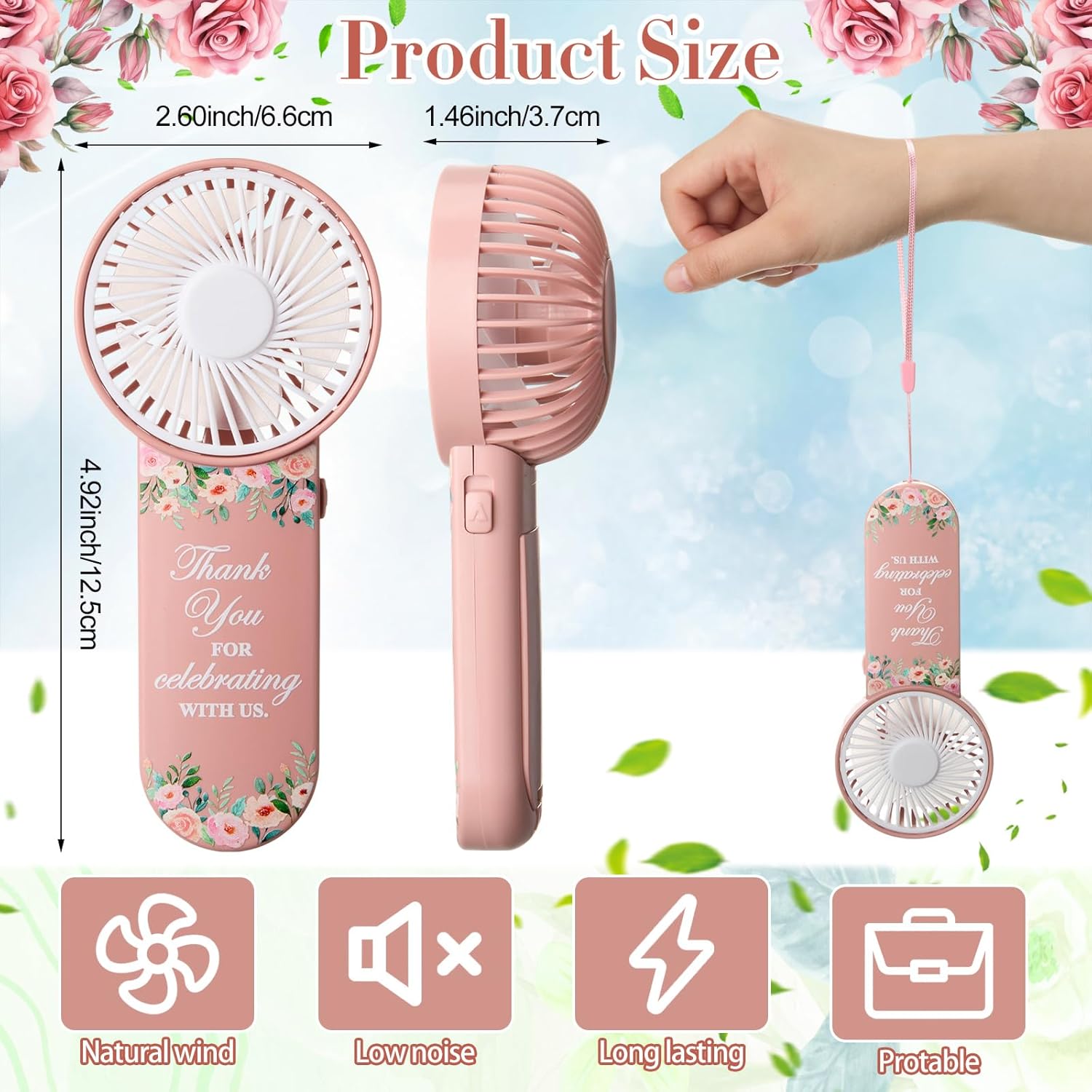 VIHOSE 50pcs Wedding Handheld Fans for Guest Mini Portable Fans Bulk Thank You for Celebrating with Us Gifts for Summer Bridal Shower Bridesmaid Party Favors, Battery Powered(Pink)