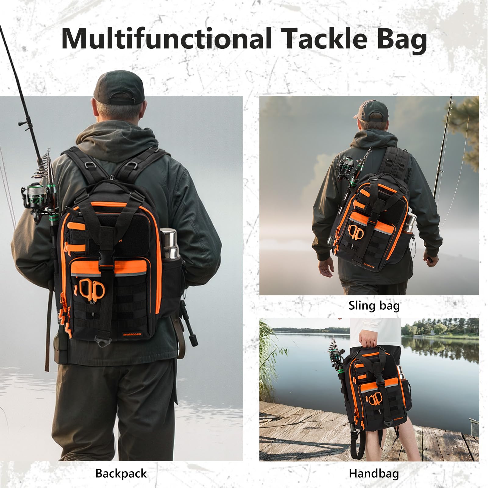 Bassdash Sac à Dos de Pêche Convertible avec Support de Canne à Pêche, Sac de Rangement de Matériel Tactique Ajustable et Résistant à l'eau FP07