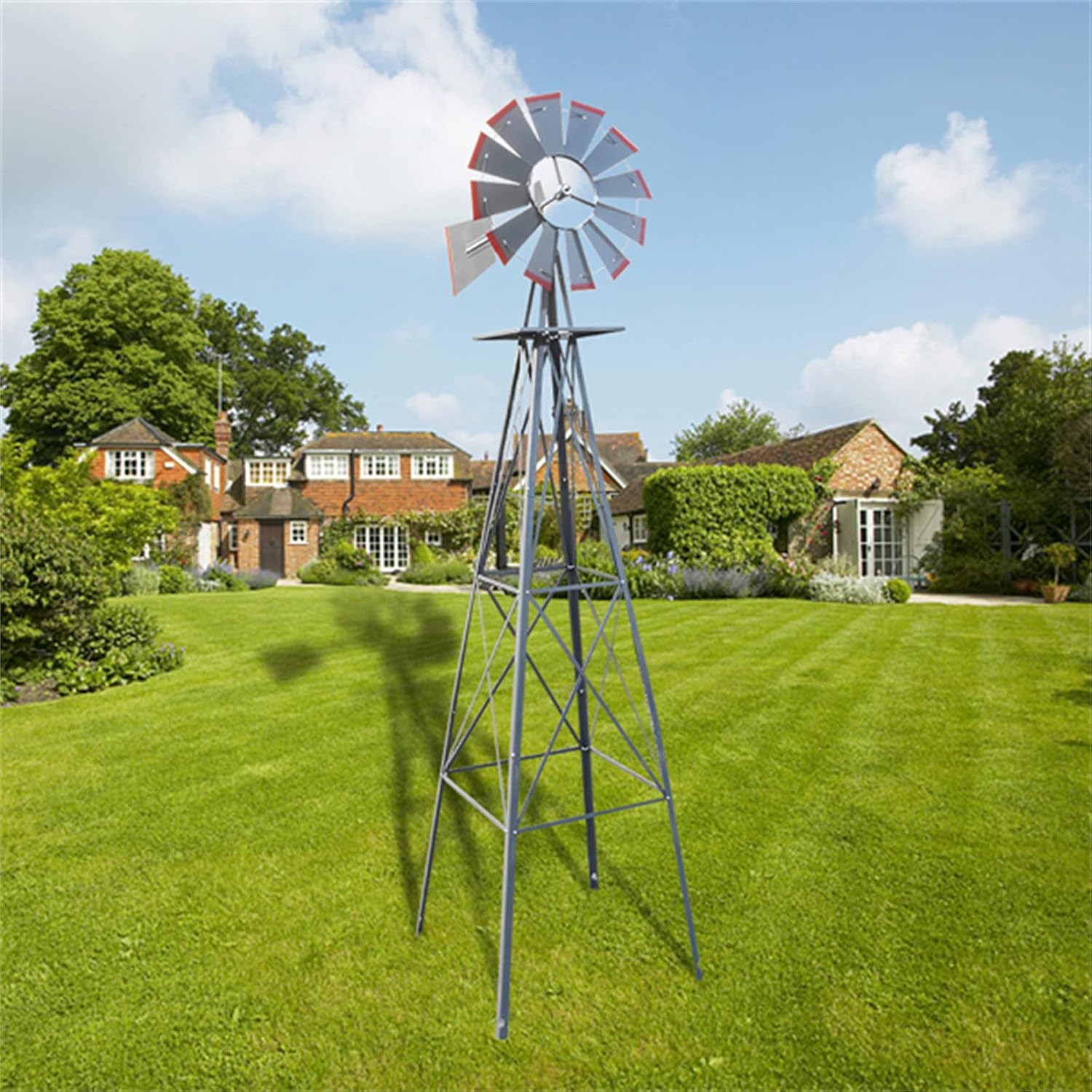8ft Weather Resistant Patio Garden Windmill Four Legs Stand Rotatable Iron Grey and Red