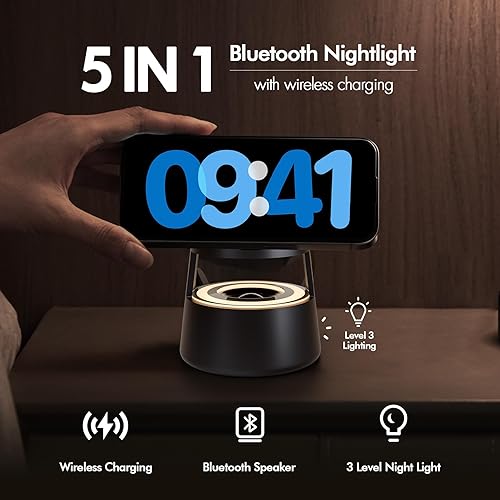 Miniatura 4 de Cargador inalámbrico magnético 5 en 1, altavoces Bluetooth y luz nocturna para Apple Mag Safe iPhone 17 16e 16 15 14 13 12 Pro Max iWatch y AirPods