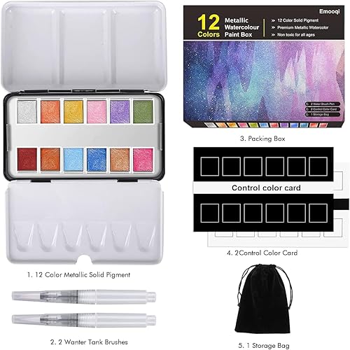 Miniatura 9 de Emooqi Juego de pinturas de acuarela, pintura sólida de acuarela con purpurina metálica, incluye 12 colores metálicos con purpurina, 2 pinceles de