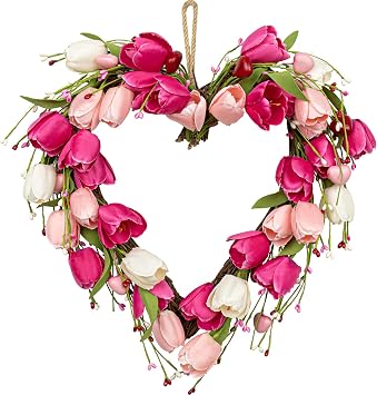 VioletEverGarden Valentines Day Wreath 18 Inch Valentines Day Door Wreath with White Pink Red Tulip Berry and Green Leaf Valentines Heart Wreaths for Valentines Day Wedding Festival Decor