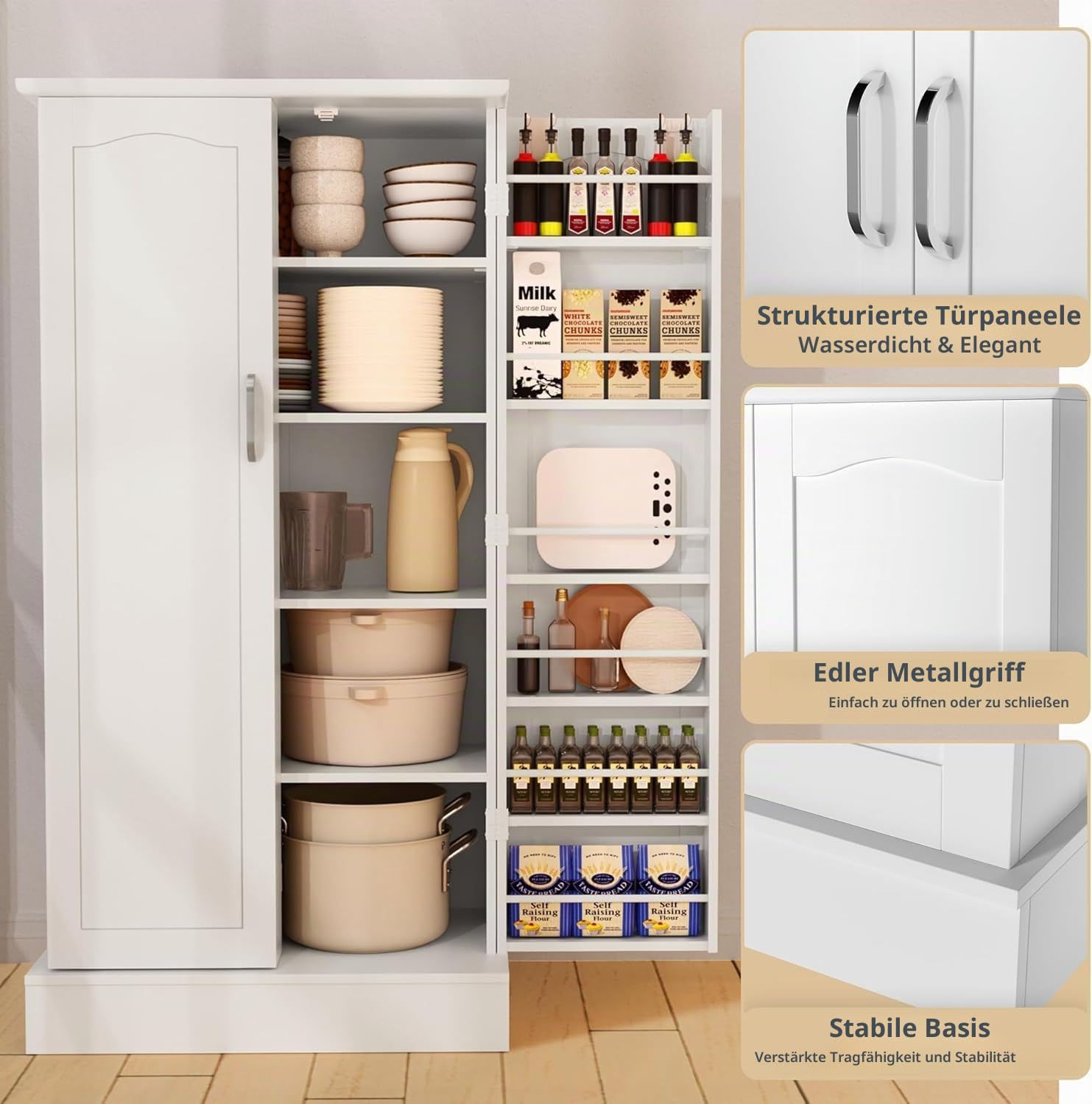 Feonase Freistehender Küchenbuffet Weiß 120x60x40 cm - Stauraumschrank mit 5 Ebenen & 12 Ablagen in Türen - Mehrzweckschrank mit Profil-Front - Vorrats-/Putz-/Flurschrank für Küche, Flur