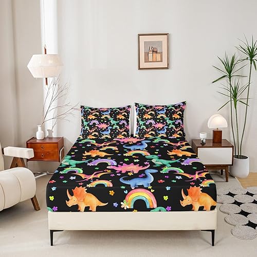 Miniatura 5 de Erosebridal Juego de sábanas y fundas de almohada de dinosaurios kawaii para niñas, diseño de arcoíris y flores coloridas, juego de sábanas de