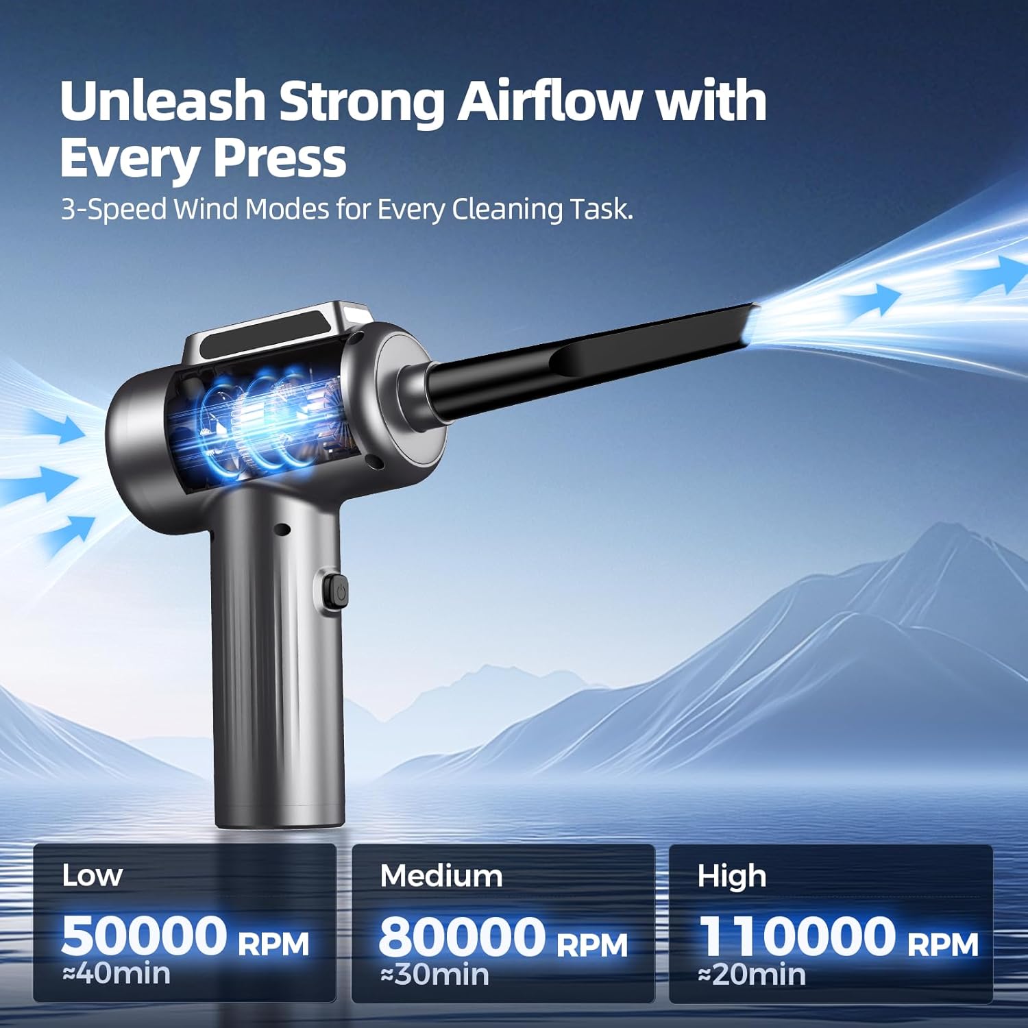 Compressed Air Duster, 110000RPM Ultra-Powerful Electric Air Duster with LED Light, 3-Speed Adjustable, Rechargeable Cordless Mini Blower for Computer, Keyboard, Car, PS5, Outdoor & Home Cleaning