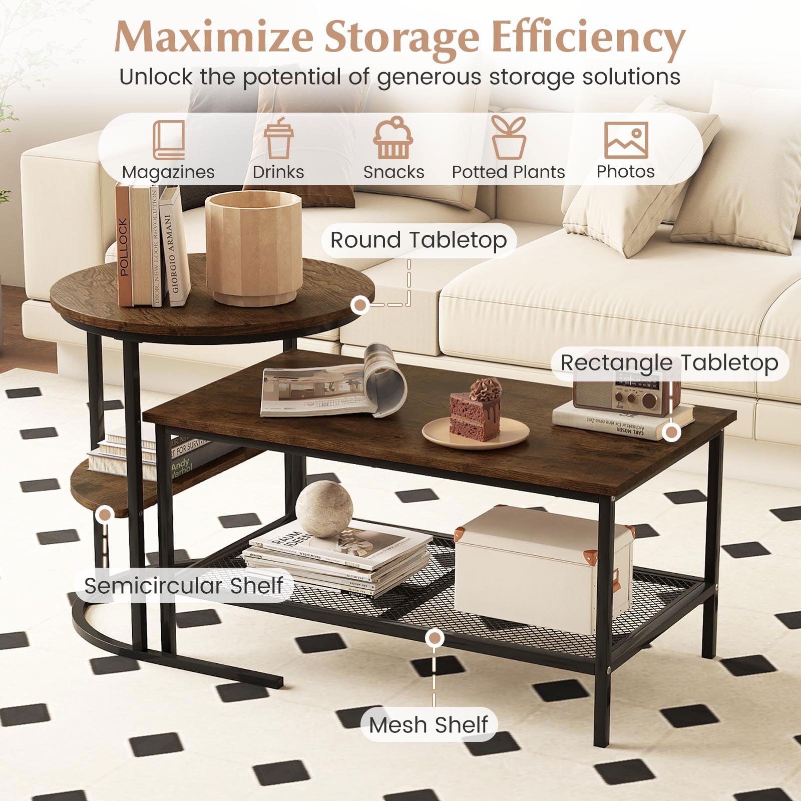 FANTASK 2er Set Couchtisch, Sofatisch Marmor Optik mit Metallrahmen, Wohnzimmertisch mit Ablage, Kaffeetisch, Beistelltisch für Wohnzimmer, Schlafzimmer (Rustikales Braun)
