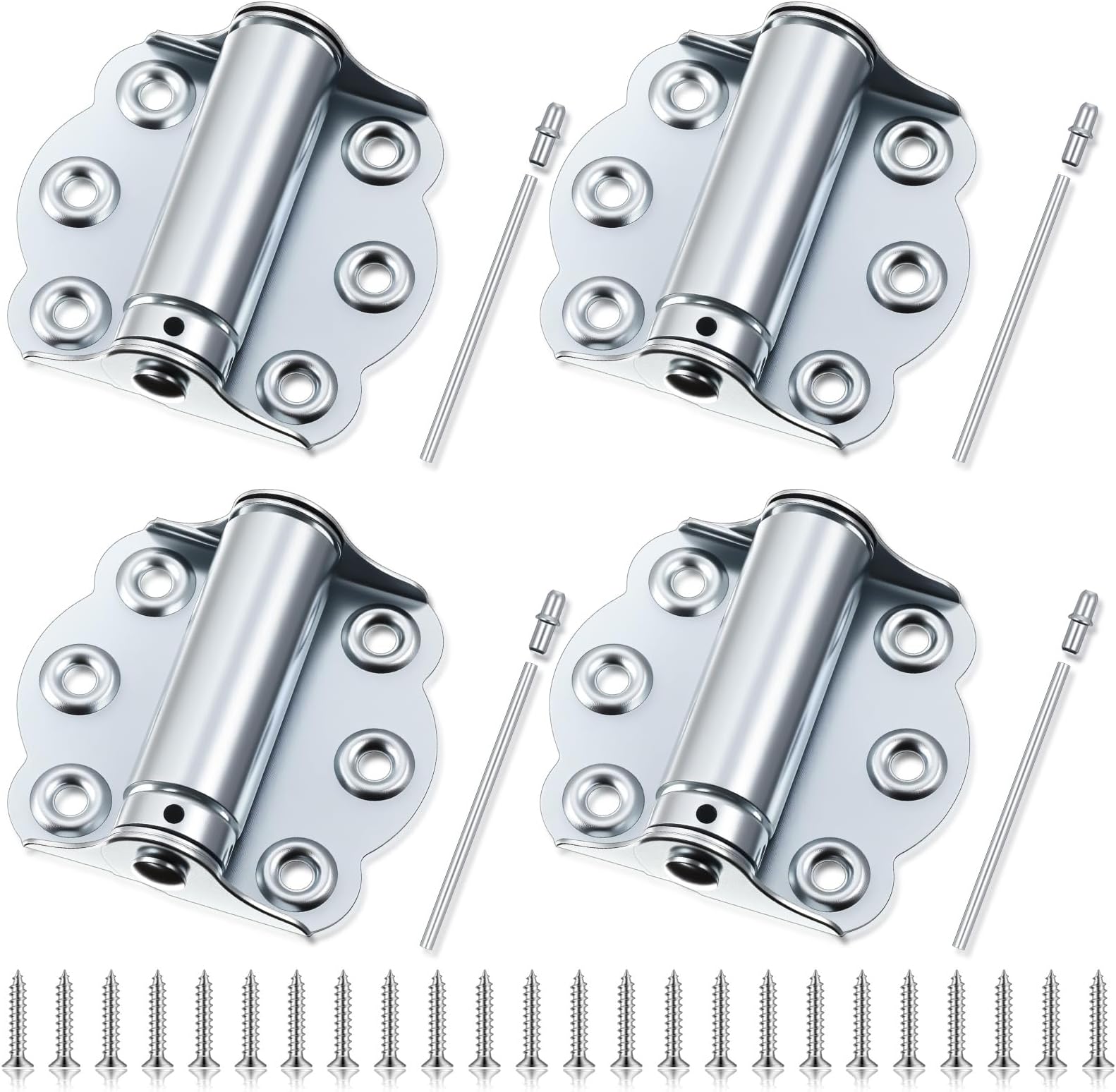 Zonon 4 Pack Self Closing Screen Door Hinge 2 3/4" Adjustable Heavy Duty Steel Spring Loaded Hinges Closer for Screen Cabinet Garage Storm Left and Right Door(Silver)