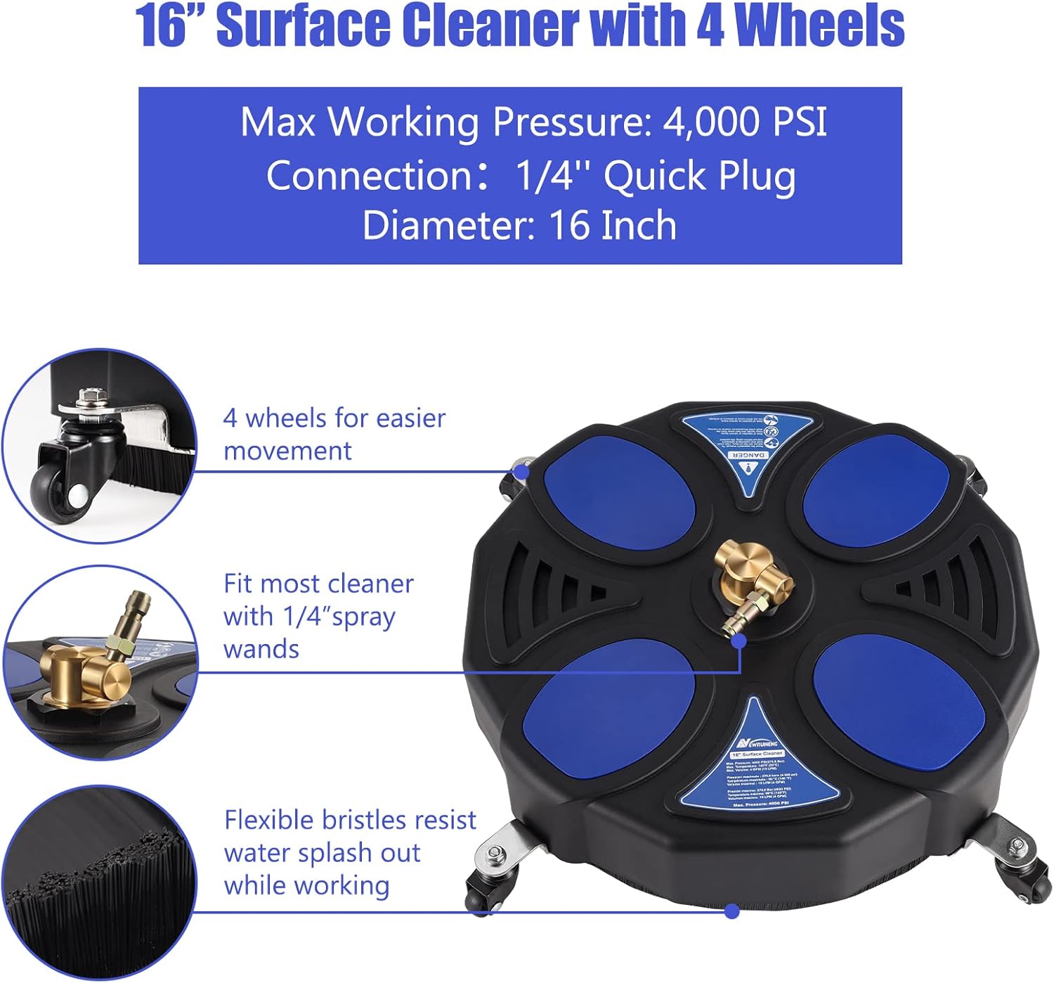 Buy 16 Inch Pressure Washer Surface Cleaner with 4 Wheels, Power Washer
