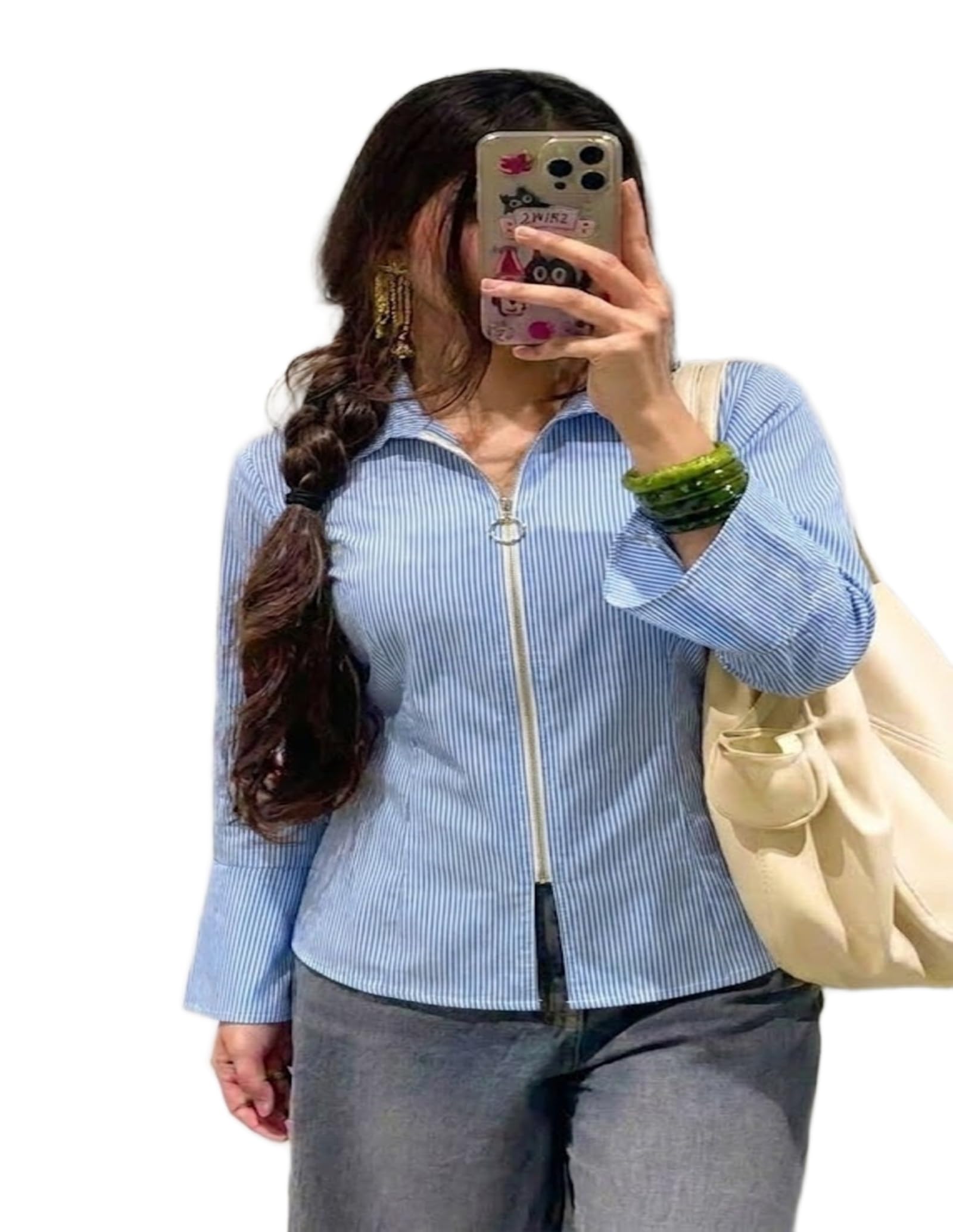 Women Smart Casual Zip Front Striped Shirt Collared Workwear Fashion Top-picture-16