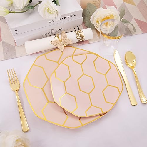 Miniatura 3 de COLOSUS Juego de 175 platos de plástico desechables para fiestas, incluye 5 unidades cada uno para platos llanos de plástico dorado y rosa, platos