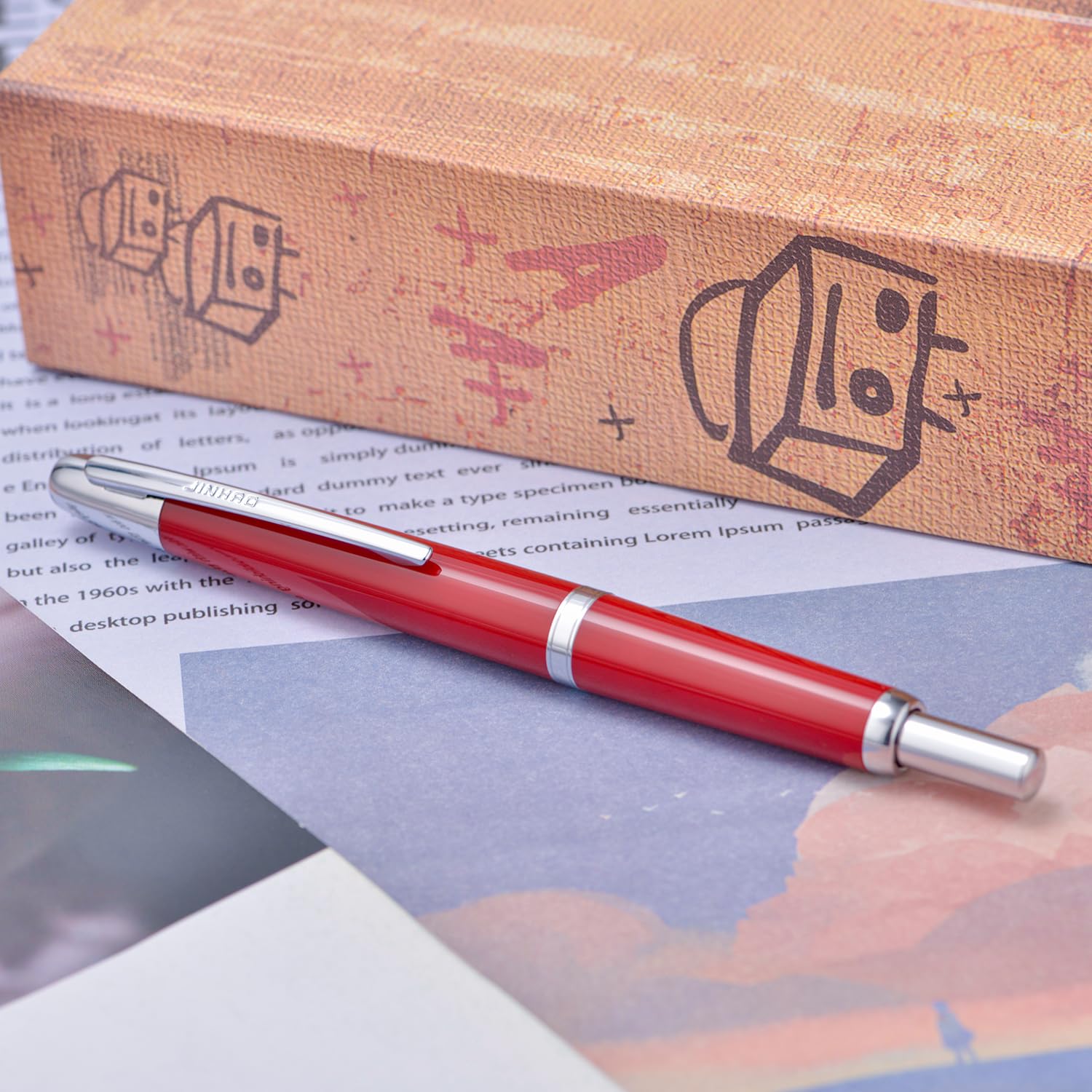 Jinhao 10 Press Vulpen met Doos, Oranje Intrekbare Extra Fijne Penpunt met Inkt Converter Set (Zwarte Clip
