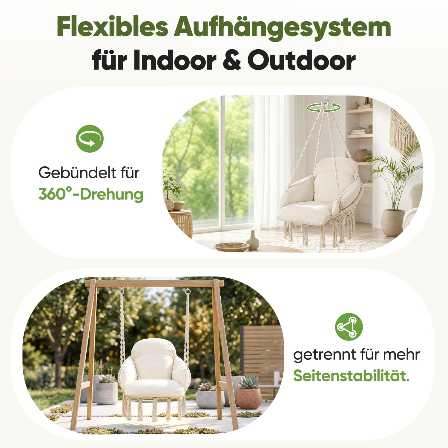 Sekey Hängesessel mit großem Kissen, Indoor & Outdoor, bis 150kg