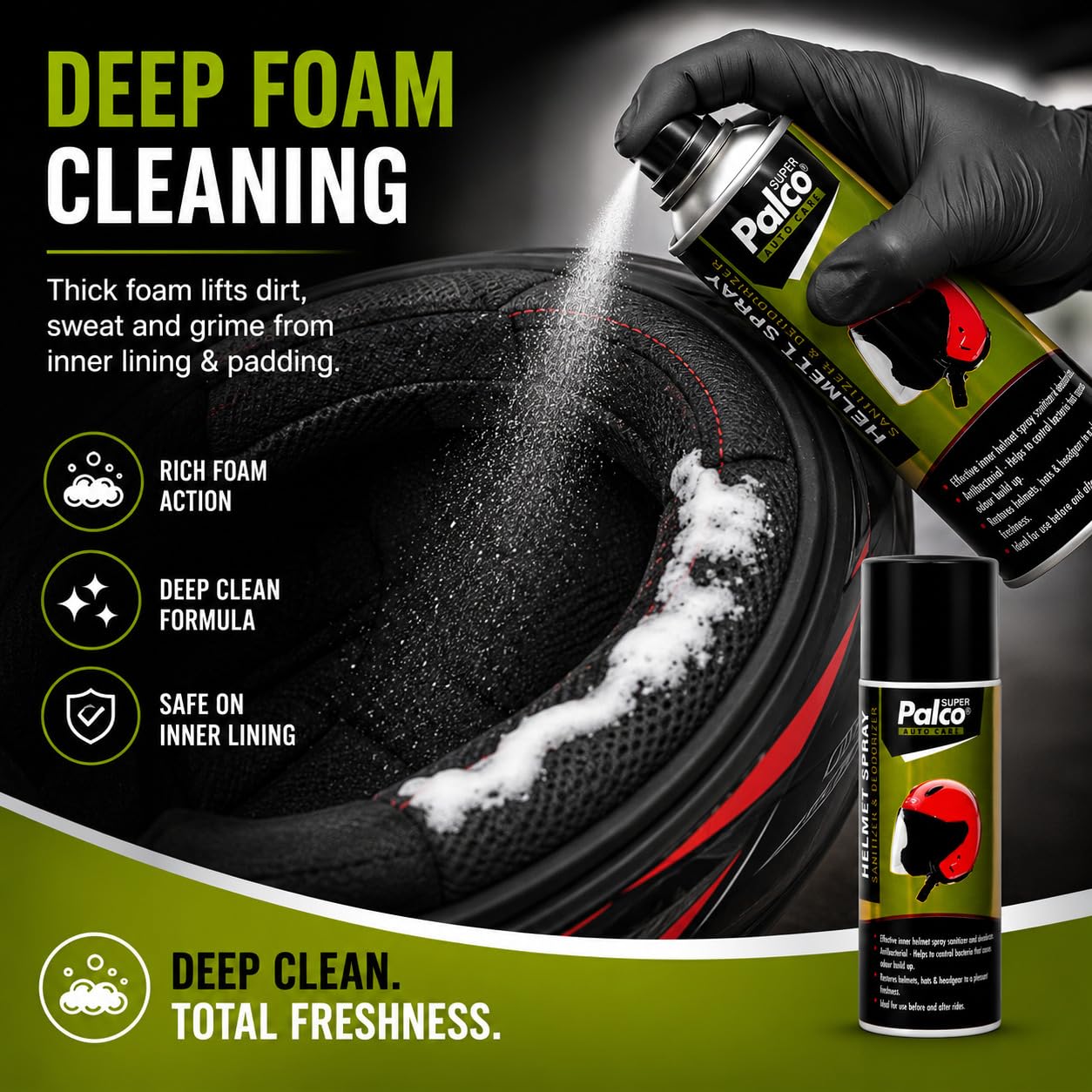 PALCO Helmet Cleaner Spray Inner Foam 150ml (Pack of 1), Sanitizer & Deodorizer Anti-Bacterial Helmet Cleaning Spray, Quick Drying, Safe for Hair & Skin, Helmet Interior Cleaner Removes Bad Odor 2