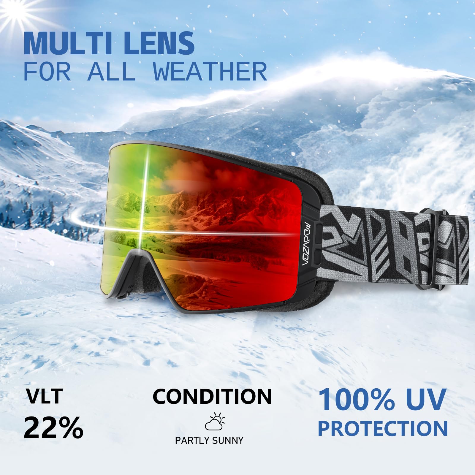 Skibrille, Anti-Beschlag, Snowboardbrille für Herren und Damen, 100 % UV-Schutz, magnetisch, austauschbare Gläser