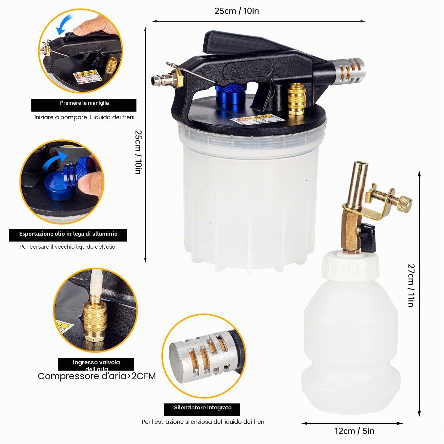 Dispositivo ad Aria compressa per Spurgo Freni,Spurgo Freni 2L Spurgo Freni Auto Cambio Liquido Freni con Contenitore 1L di Aspirazione e Adattatori