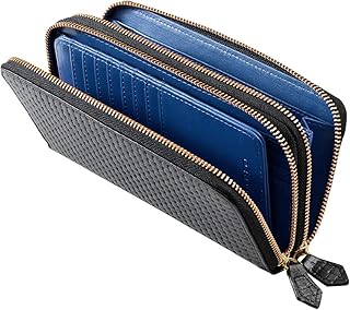 Diablo KA-1180 Men's Long Wallet, Genuine Leather, Block Mesh, Embossed, Large Capacity, Double Zip Around Wallet, black/blue