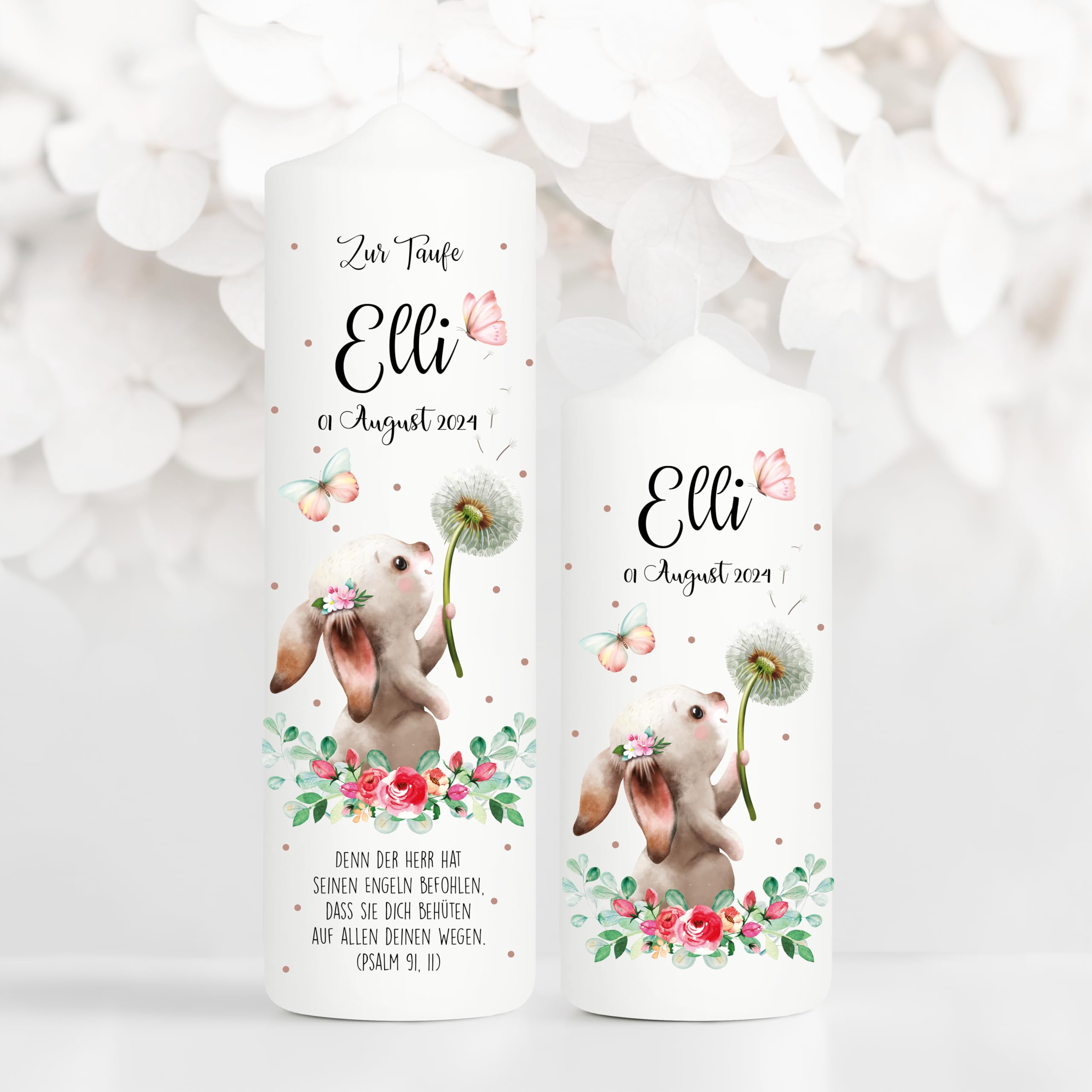 Wandtattoo Loft Taufkerze Mädchen oder Junge mit Taufspruch + Patenkerze, Motiv Hase mit Pusteblume, 25cm x 7cm, personalisierte Kerze, bedruckte Kerze zur Taufe, Stumpenkerze, Taufgeschenk