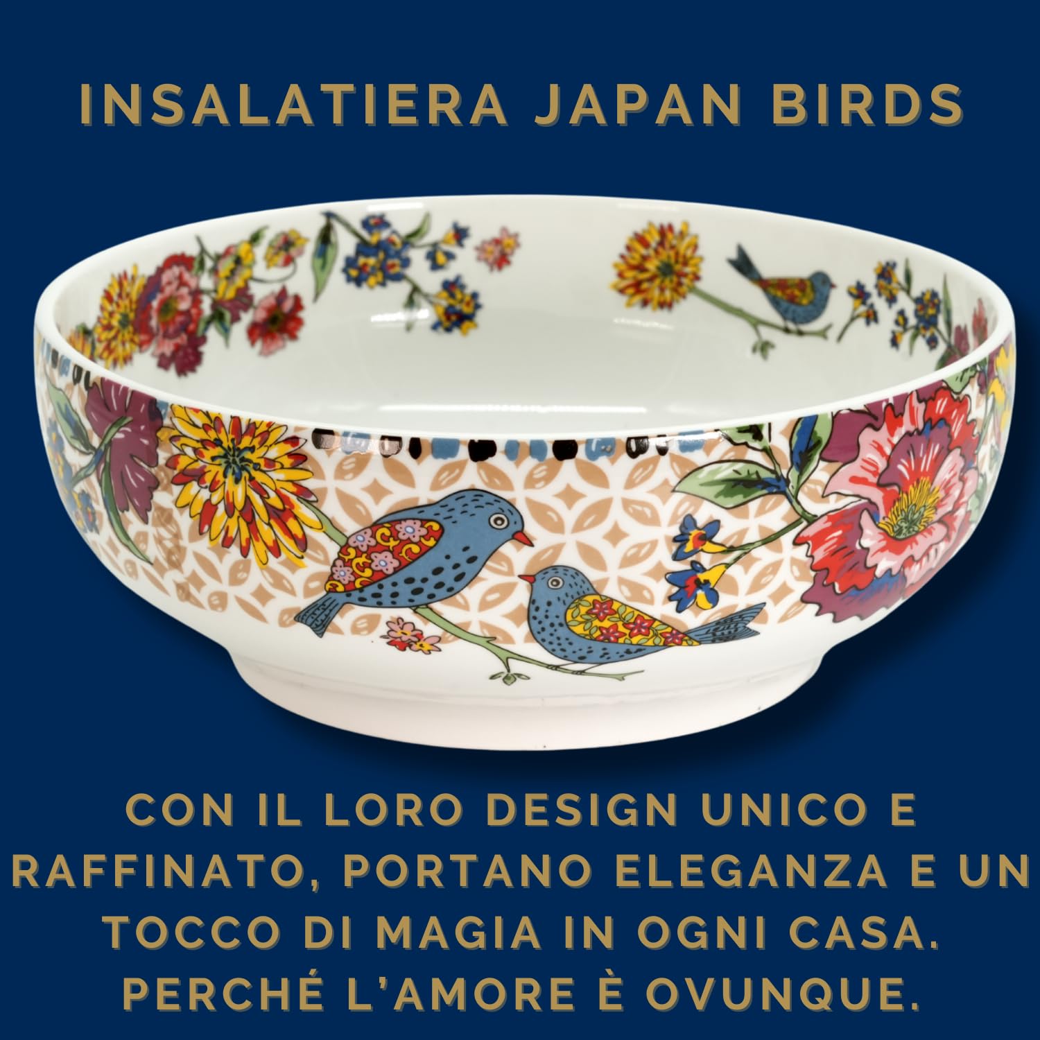 Insalatiera Porcellana Japan Birds Servizio Elegante e Raffinato Uccelli Giapponesi Adatto a Lavastoviglie Forno e Microonde (23 x 9 cm)