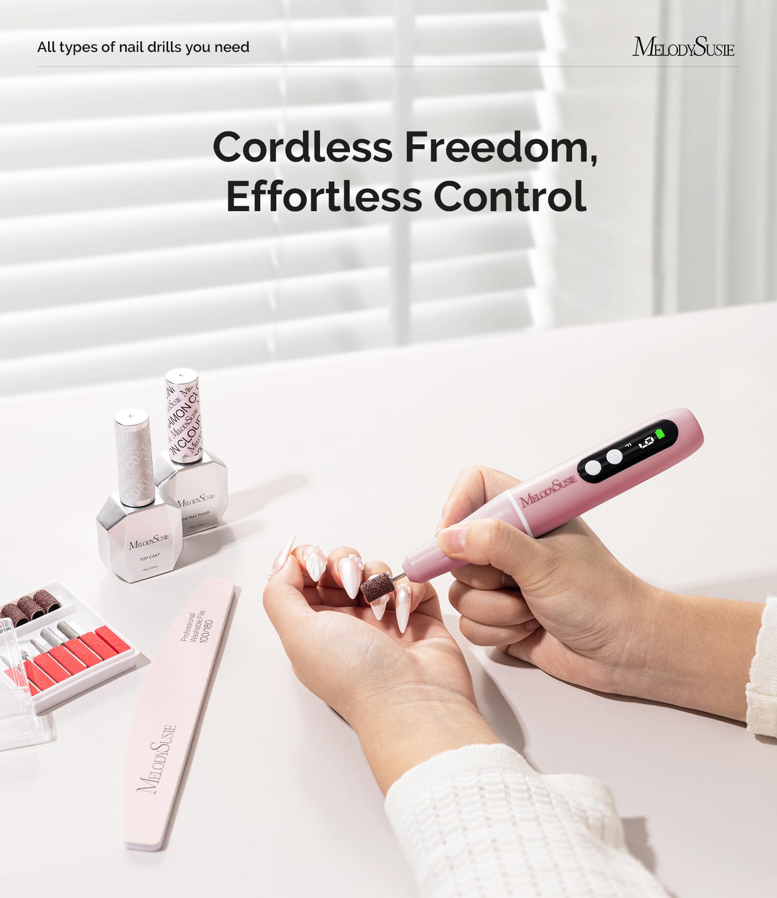 MelodySusie PC90G Ponceuse pour Ongles, Ponceuse Ongle Rechargeable 20000 tr/min, Lime à Ongle Electrique Sans Fil avec affichage LED, Portable Kit de Manucure Pédicure (Rose)