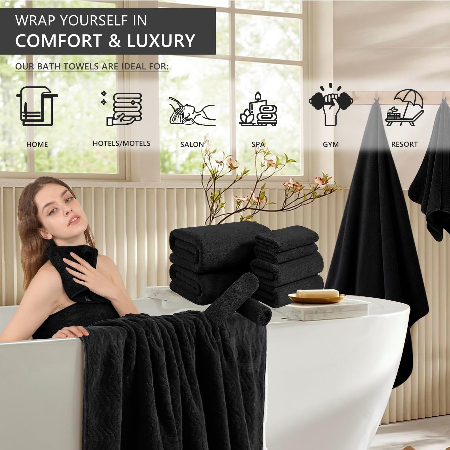 Juego de 4 Toallas de baño de Gran tamaño de 35 x 70 Pulgadas, Color Negro, Toallas de baño extragrandes, Altamente absorbentes, de Secado rápido, para baño, SPA, Gimnasio, Hotel, Toalla de Ducha de