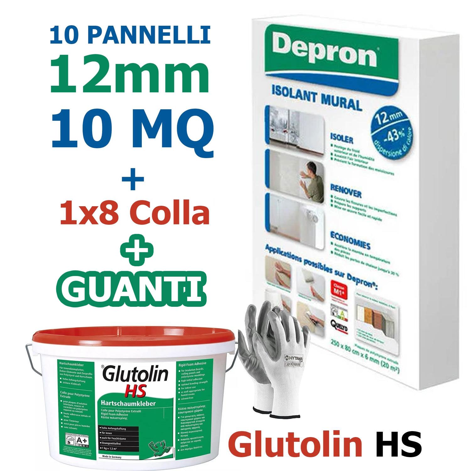 DEPRON Pannelli Isolanti 12 mm (125×80 cm) – Confezione 10 m² + Colla Glutolin 8 kg | Isolamento Termico e Acustico per Pareti e Soffitti | 1 paio di guanti in nitrile HYTAMA TOOLS