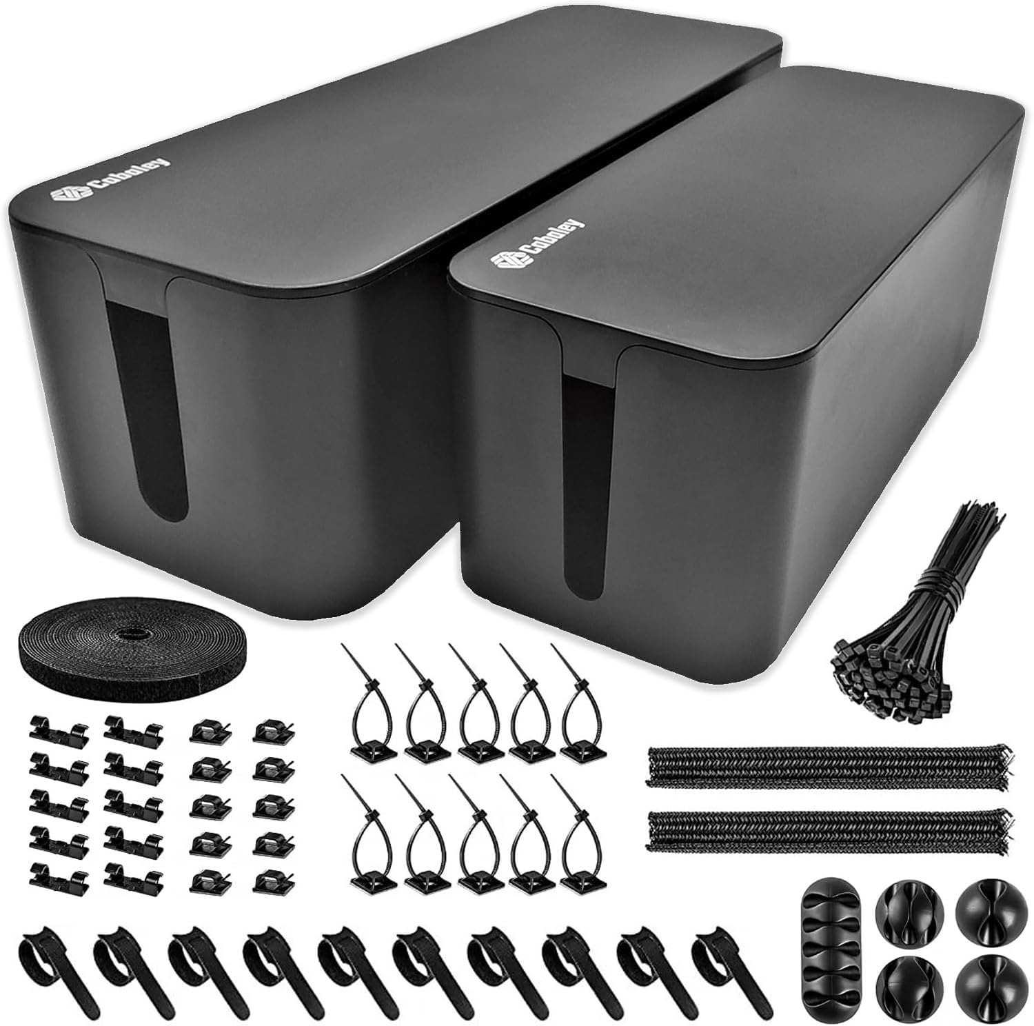 2 Pack Cable Management Box • Includes 148pcs Organizer Kit • Safe ABS Material • Protects and Hides Power Strip, Surge Protector, Cords, TV and Computer Wires • Child-Baby-Pets Proof • Large, Black