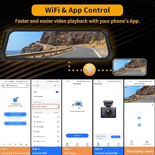 Miniatura 4 de Cámara de tablero WiFi de 3 canales de 9.66 pulgadas con cámara frontal y trasera, pantalla táctil IPS, triple cámara de espejo retrovisor con