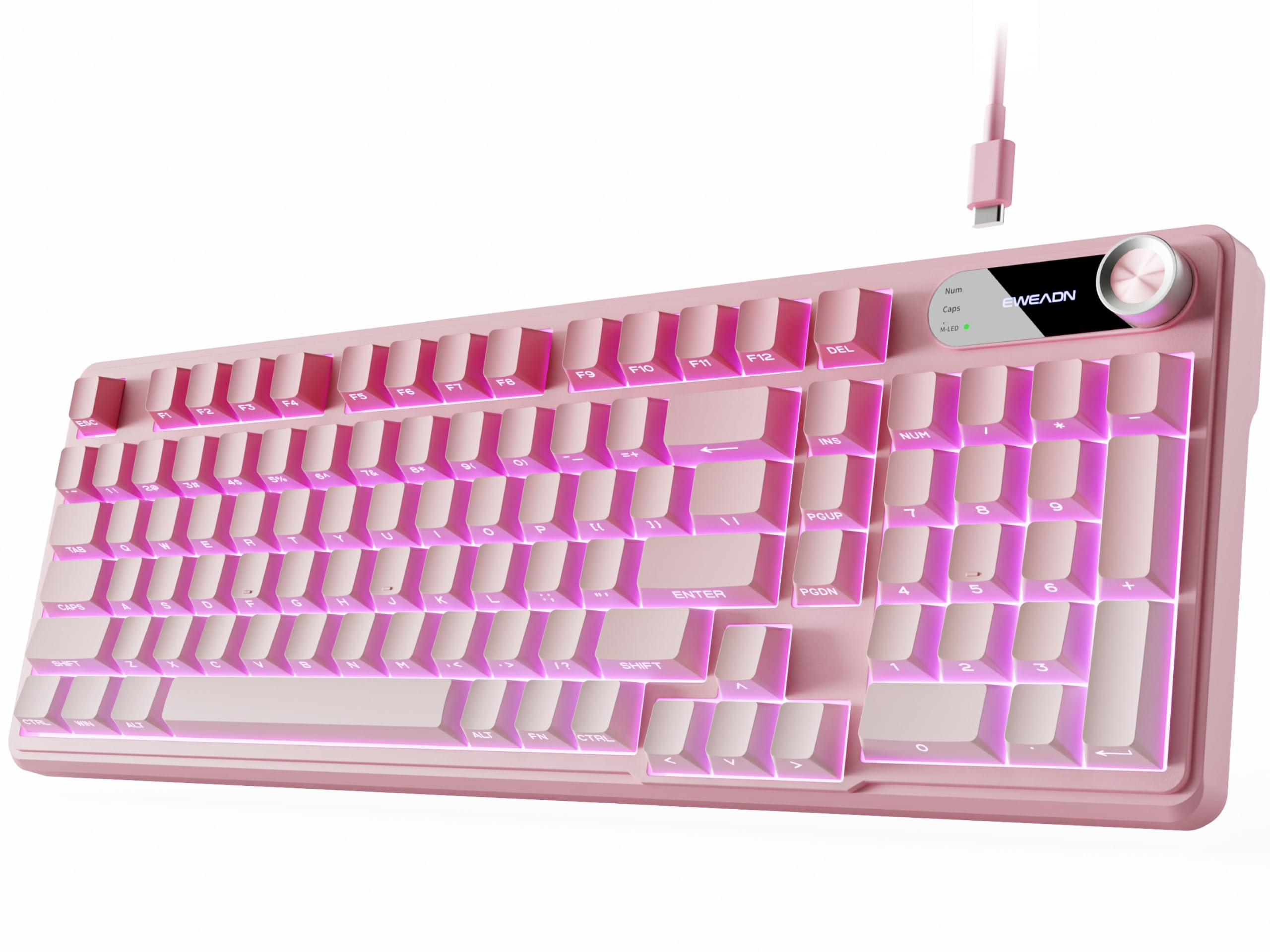 EWEADN Tastiera cablata V102, 98 tasti, tastiera da gioco cremosa con tastierino numerico, schermo display e manopola multimediale RGB silenziosa tastiera per computer portatile PC gamer - rosa